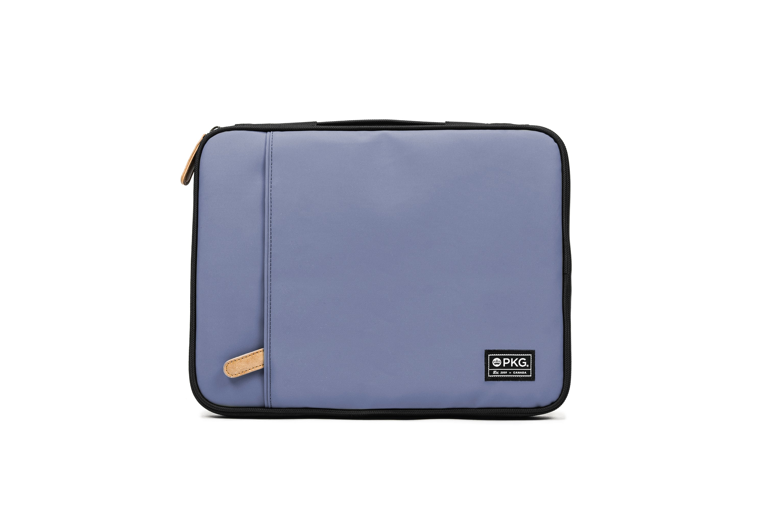 PKG Stuff Recycled Laptop Sleeve (vintage blue) front view showing outer pocket for additional storage