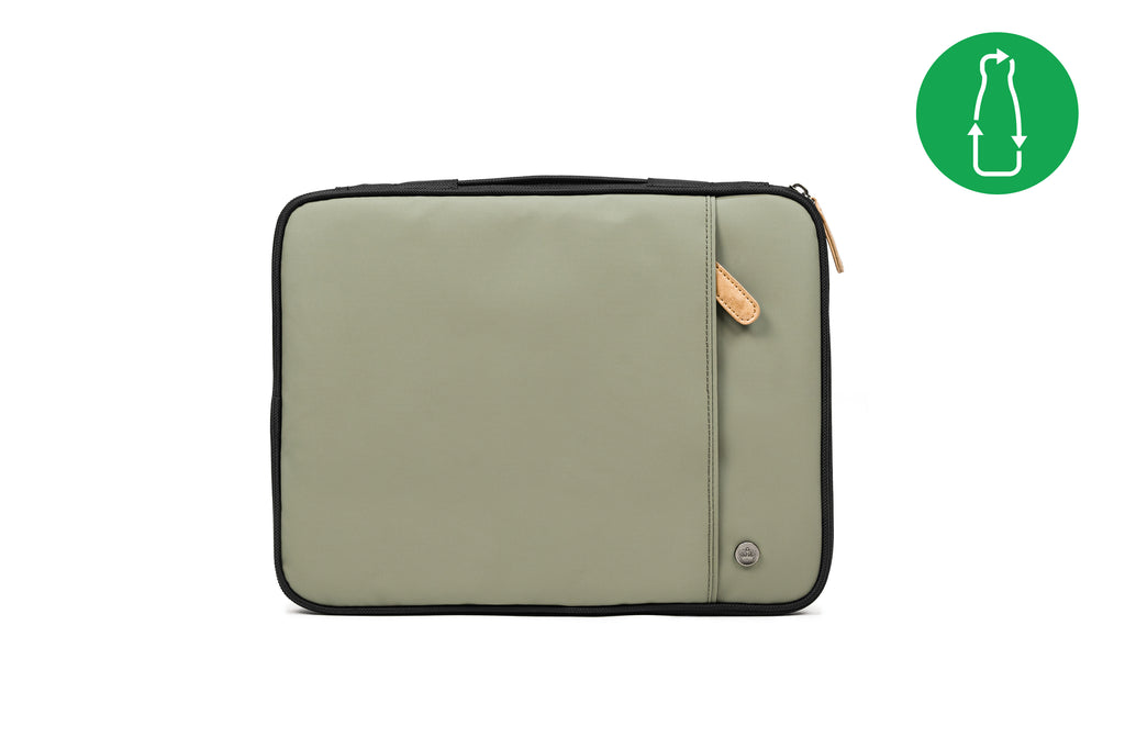 PKG Stuff Recycled Laptop Sleeve (tranquil green) back view showing outer pocket for quick access to other tech