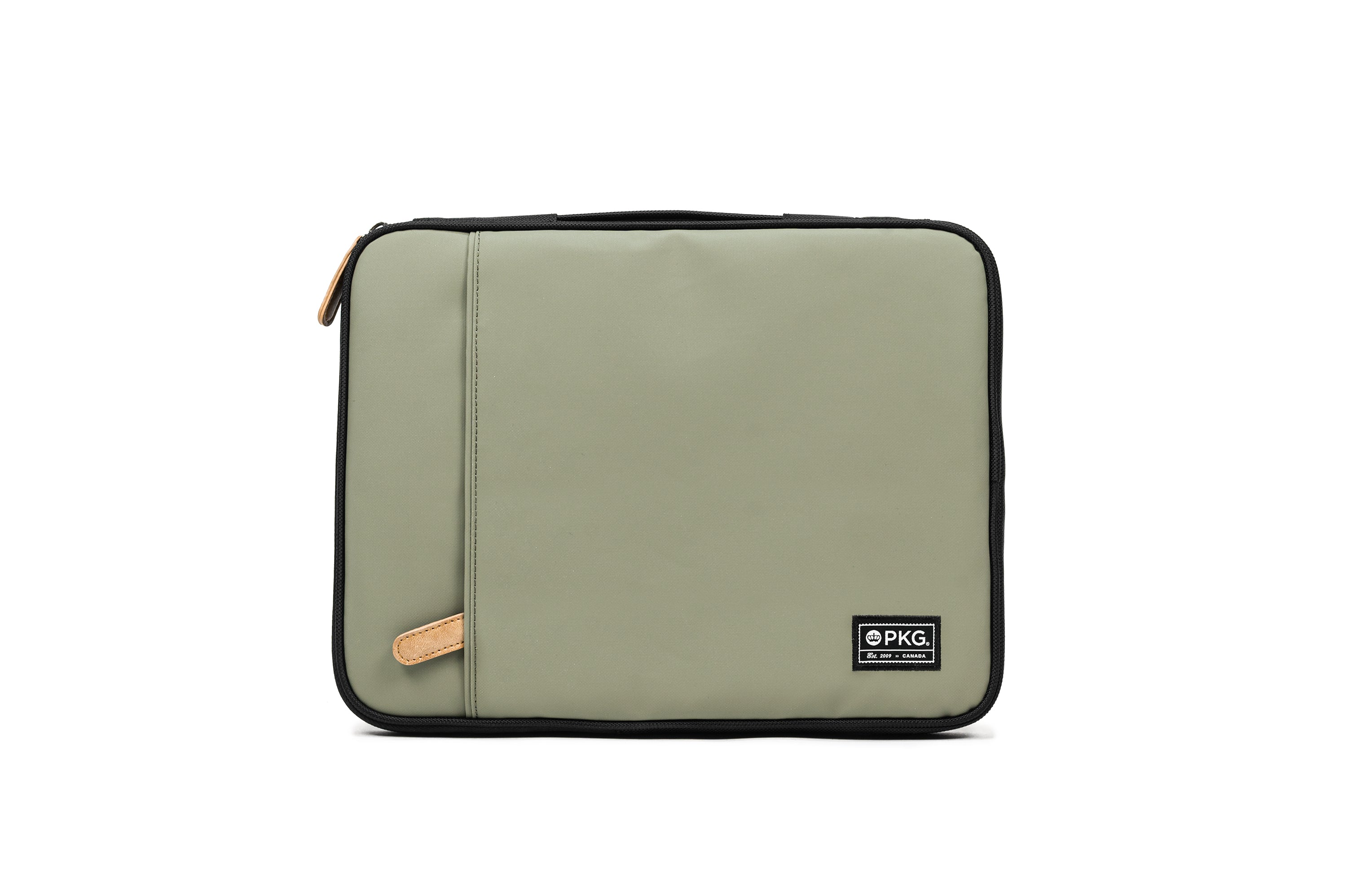 PKG Stuff Recycled Laptop Sleeve (tranquil green) front view showing outer pocket for additional storage