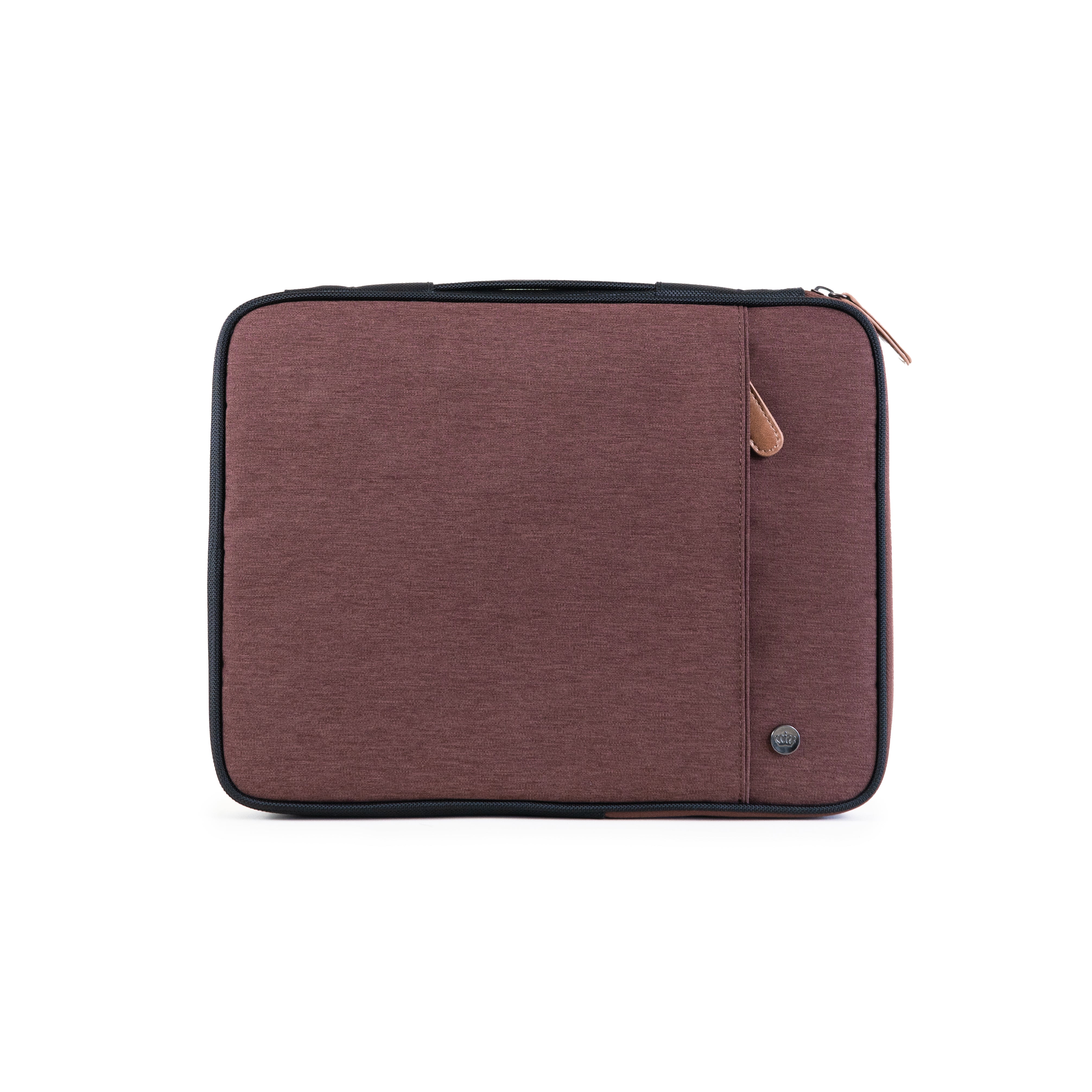 PKG Stuff Recycled Laptop Sleeve (rum raisin) back view showing outer pocket for additional storage