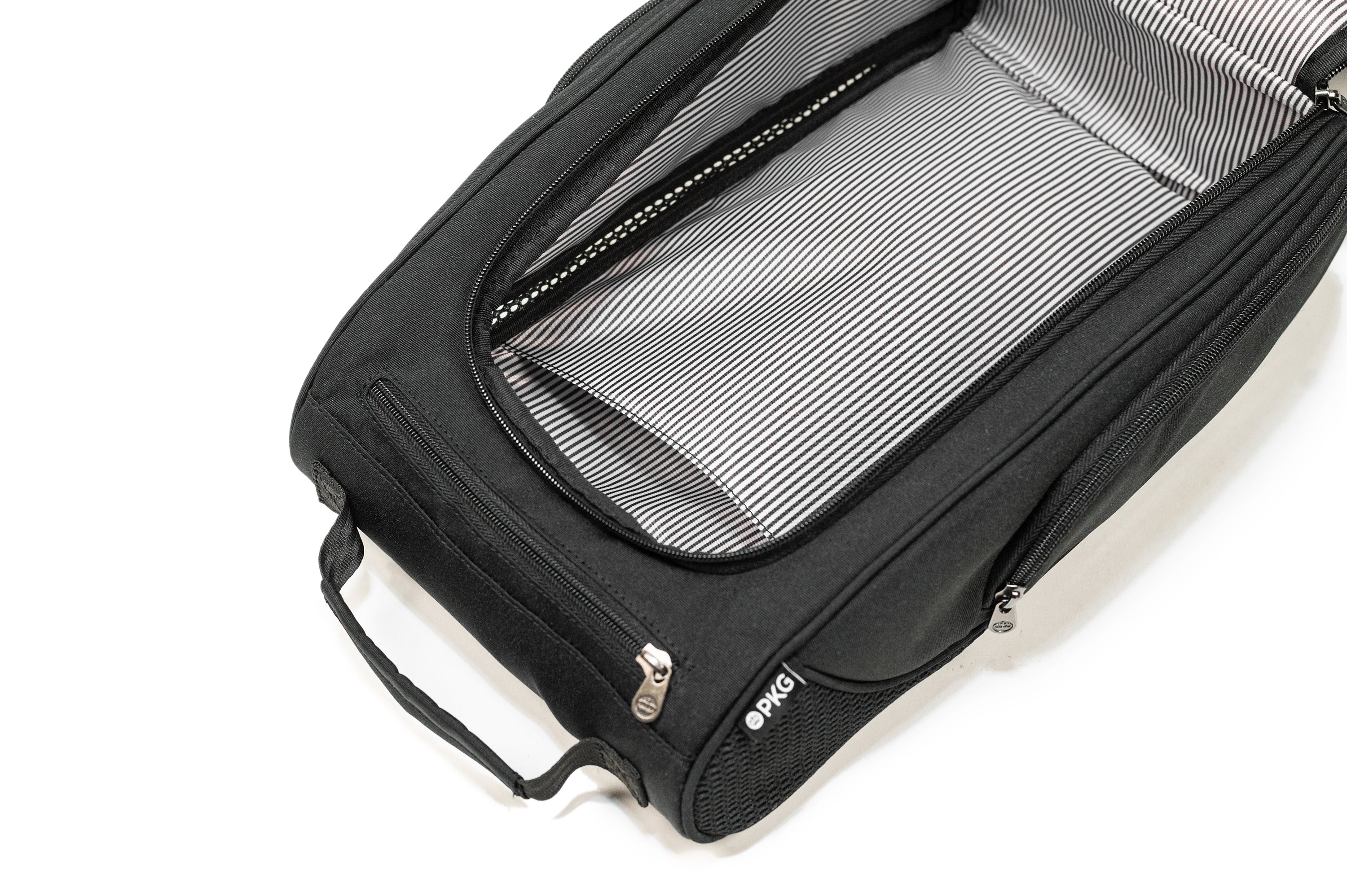 PKG Angus recycled shoe/footwear bag with main compartment open, showing inner lining