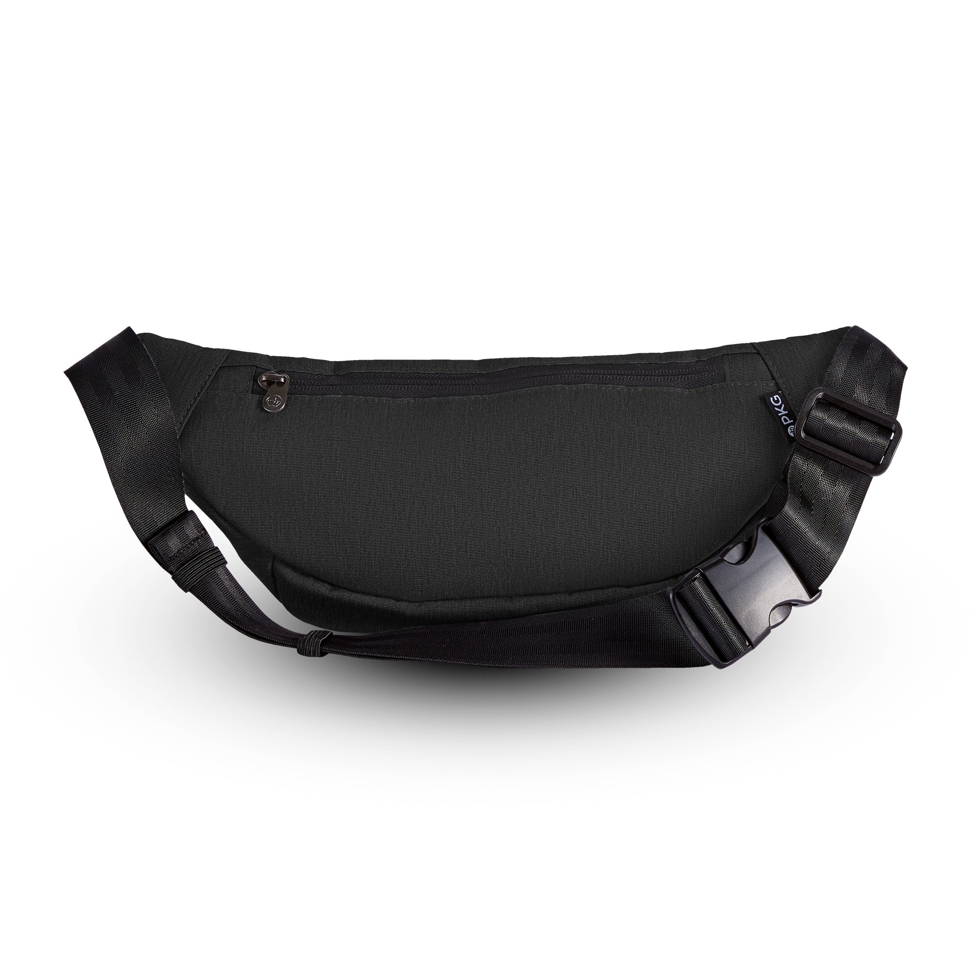 PKG Bremner recycled cross body/waist pack (black) back view showing rear pocket