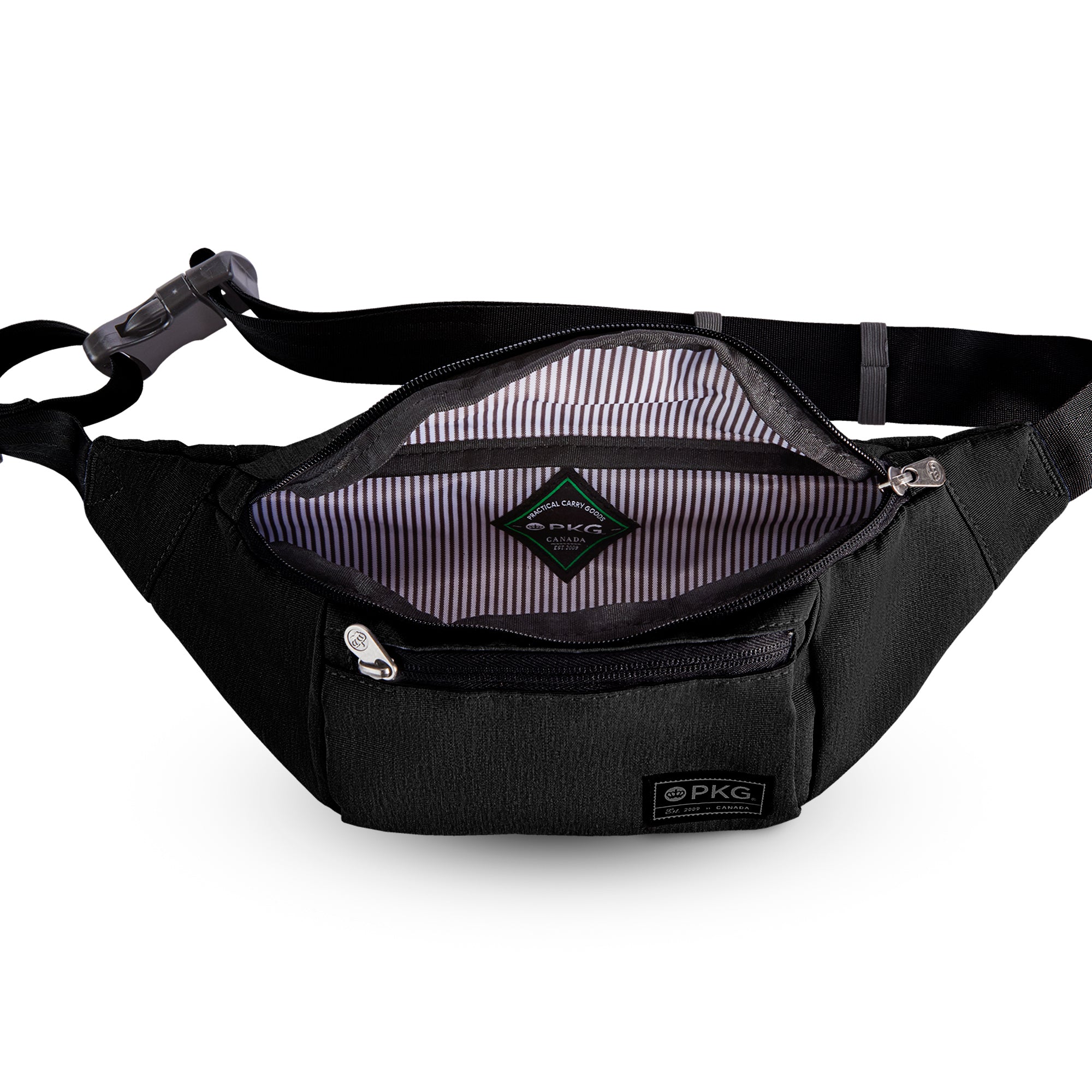 PKG Bremner recycled cross body/waist pack (black) open, showing main pocket inner lining