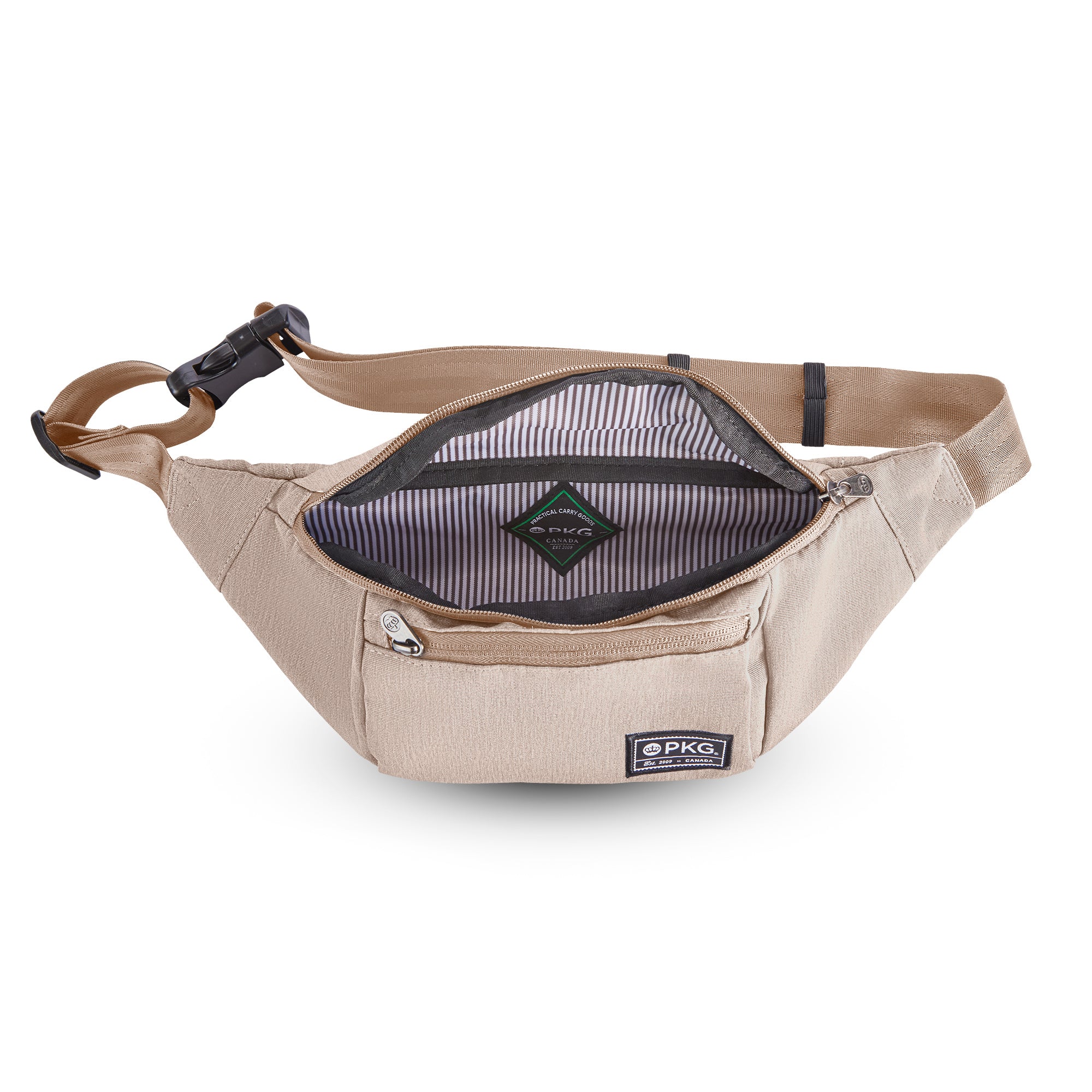 PKG Bremner recycled cross body/waist pack (ginger root) open, showing main pocket inner lining