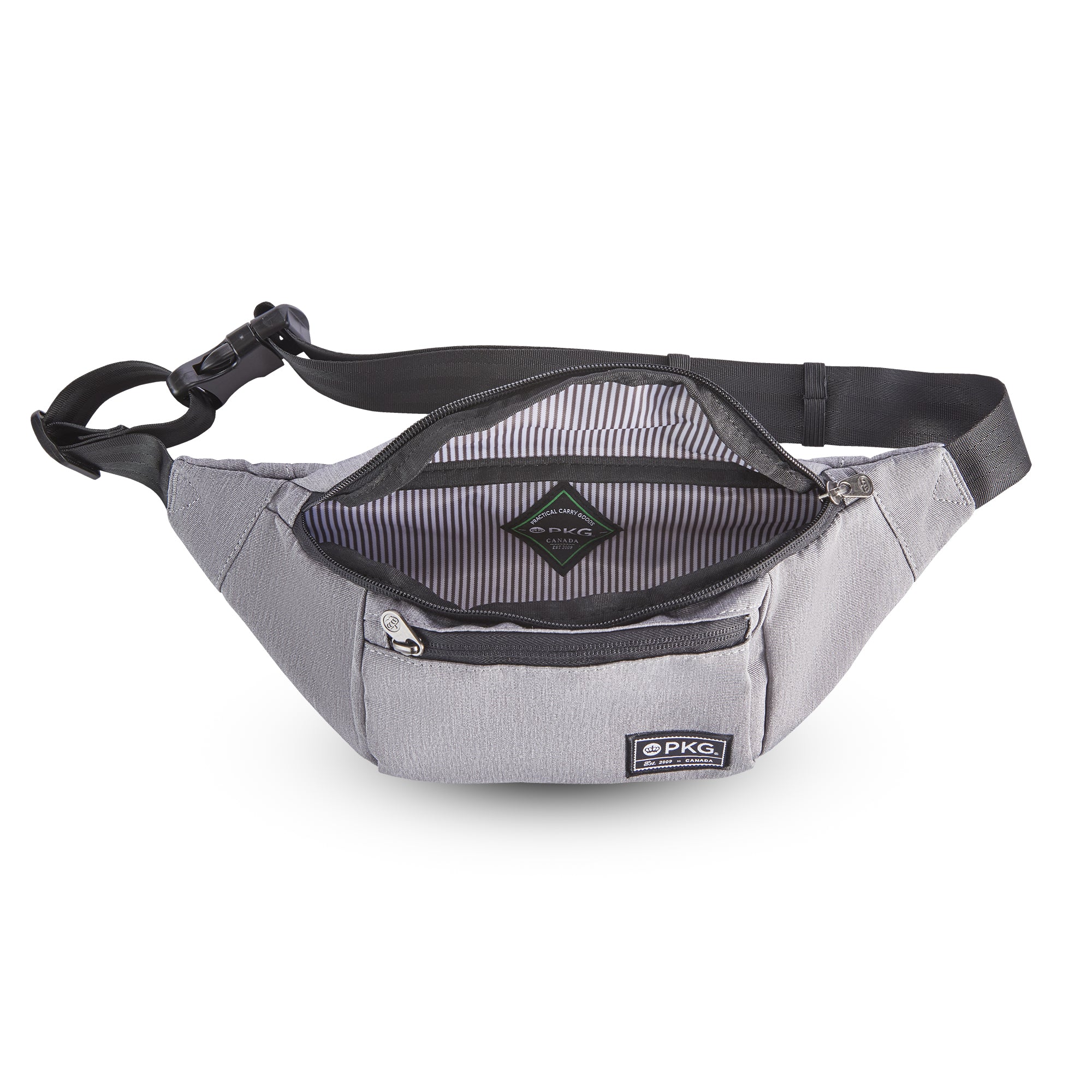 PKG Bremner recycled cross body/waist pack (light grey) open, showing main pocket inner lining