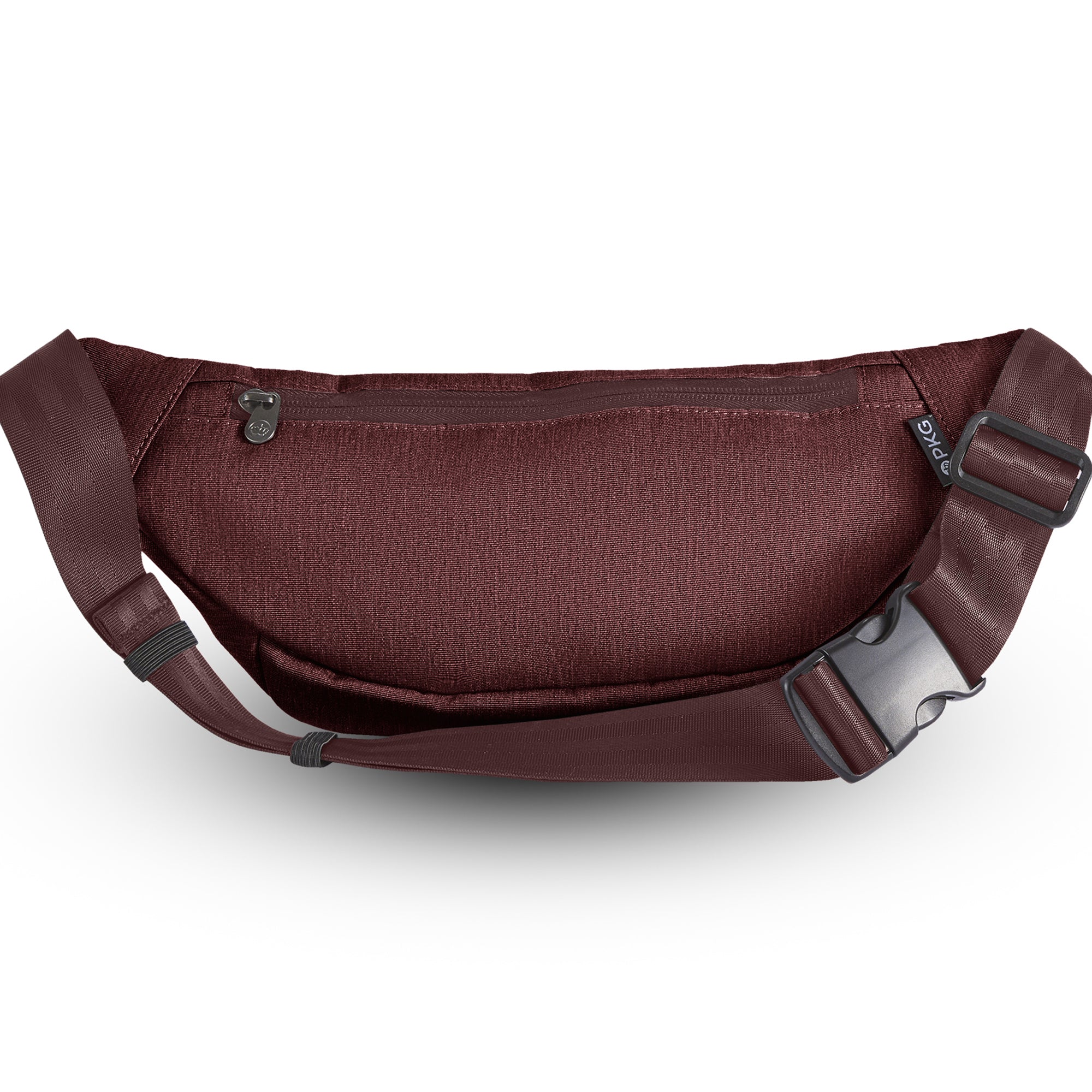 PKG Bremner recycled cross body/waist pack (rum raisin) back view showing rear pocket