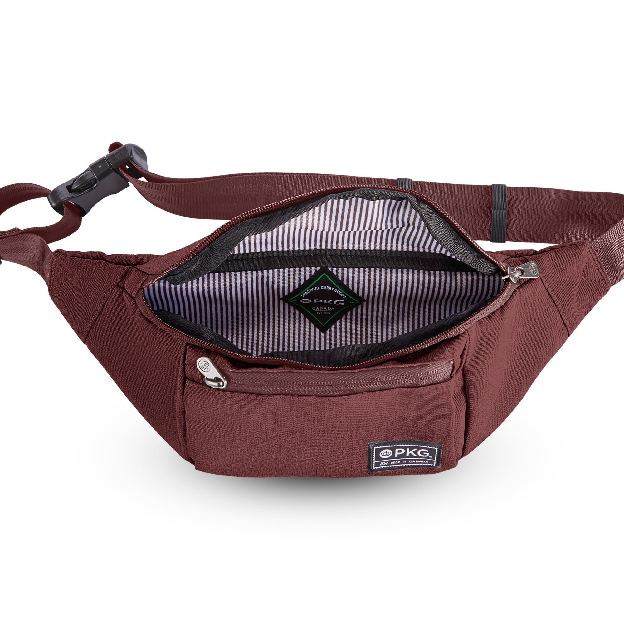 PKG Bremner recycled cross body/waist pack (rum raisin) open, showing main pocket inner lining