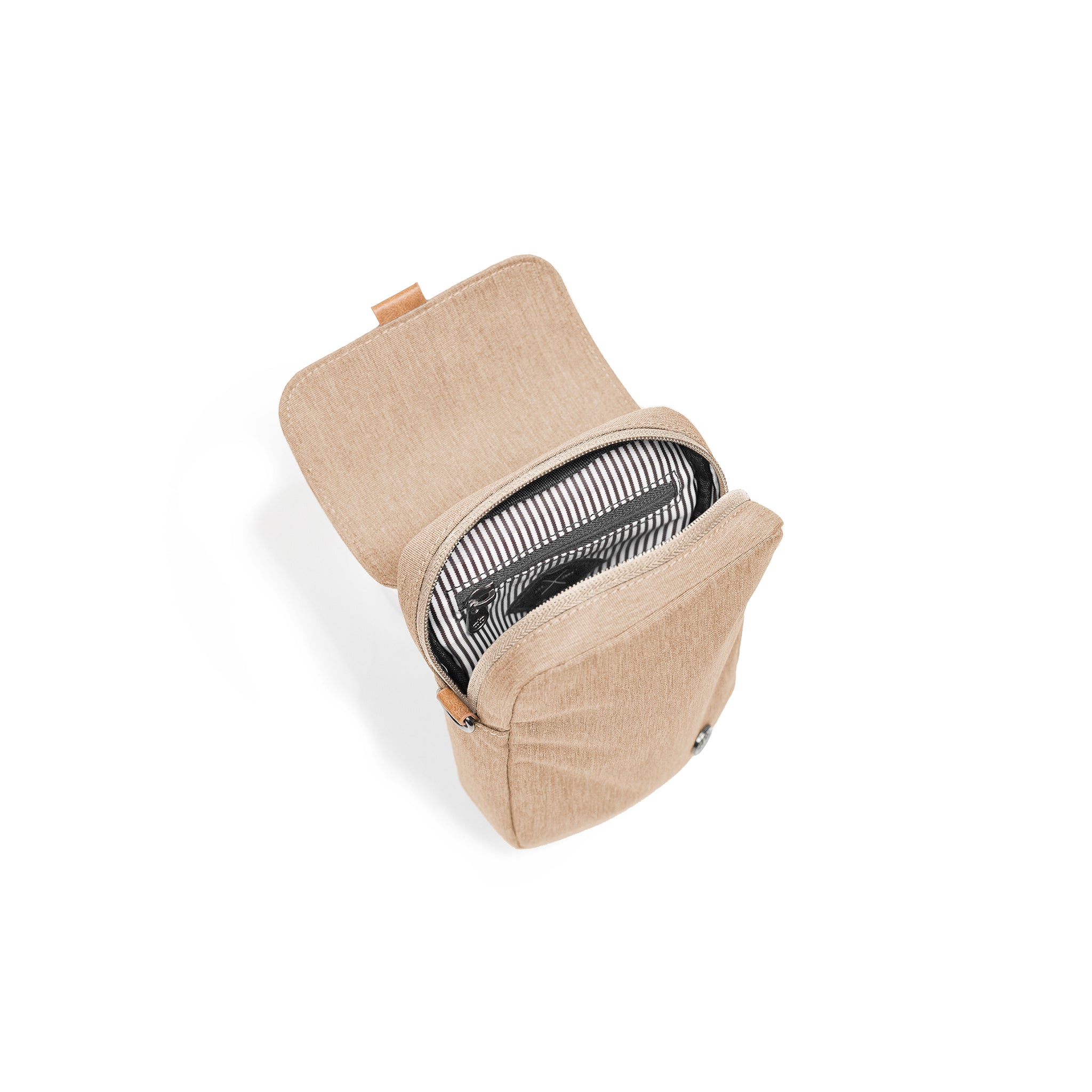 PKG Burrard recycled cross body bag (ginger root), top open view showing inner lining and organization