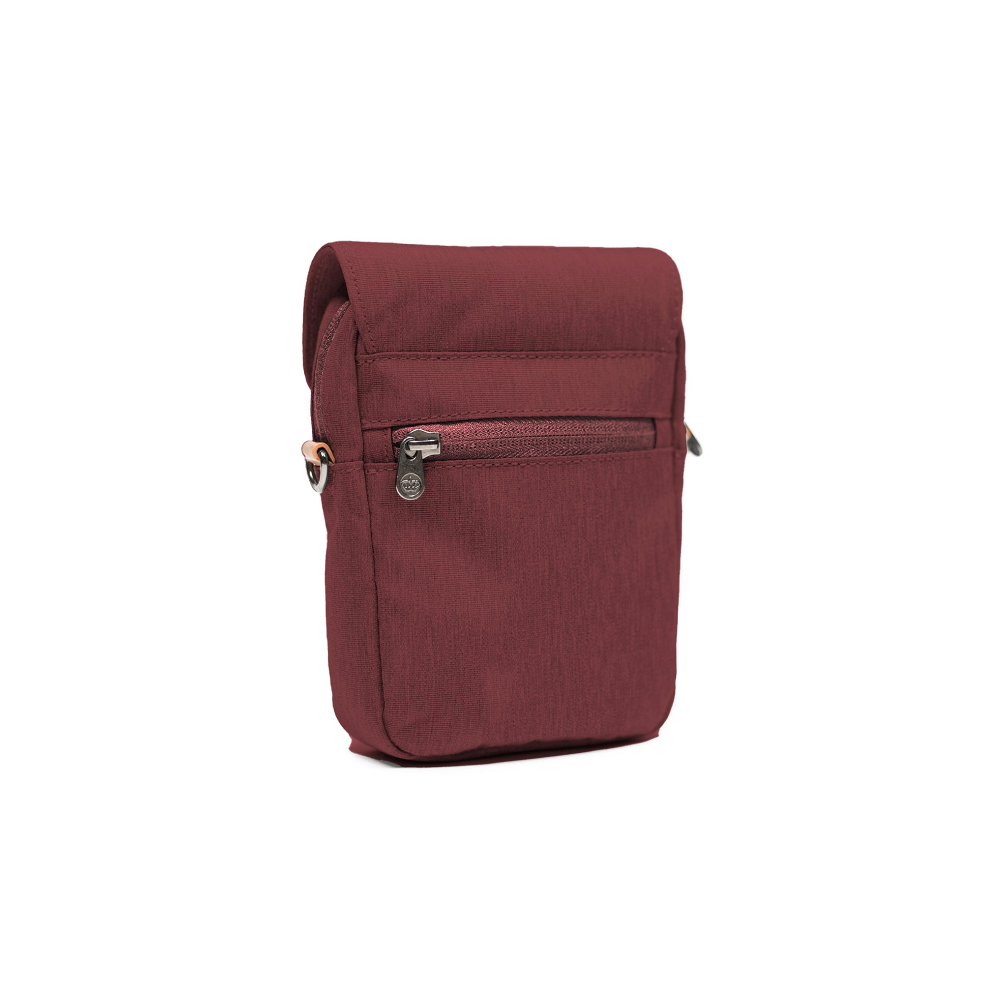 PKG Burrard recycled cross body bag (rum raisin) back view showing back pocket
