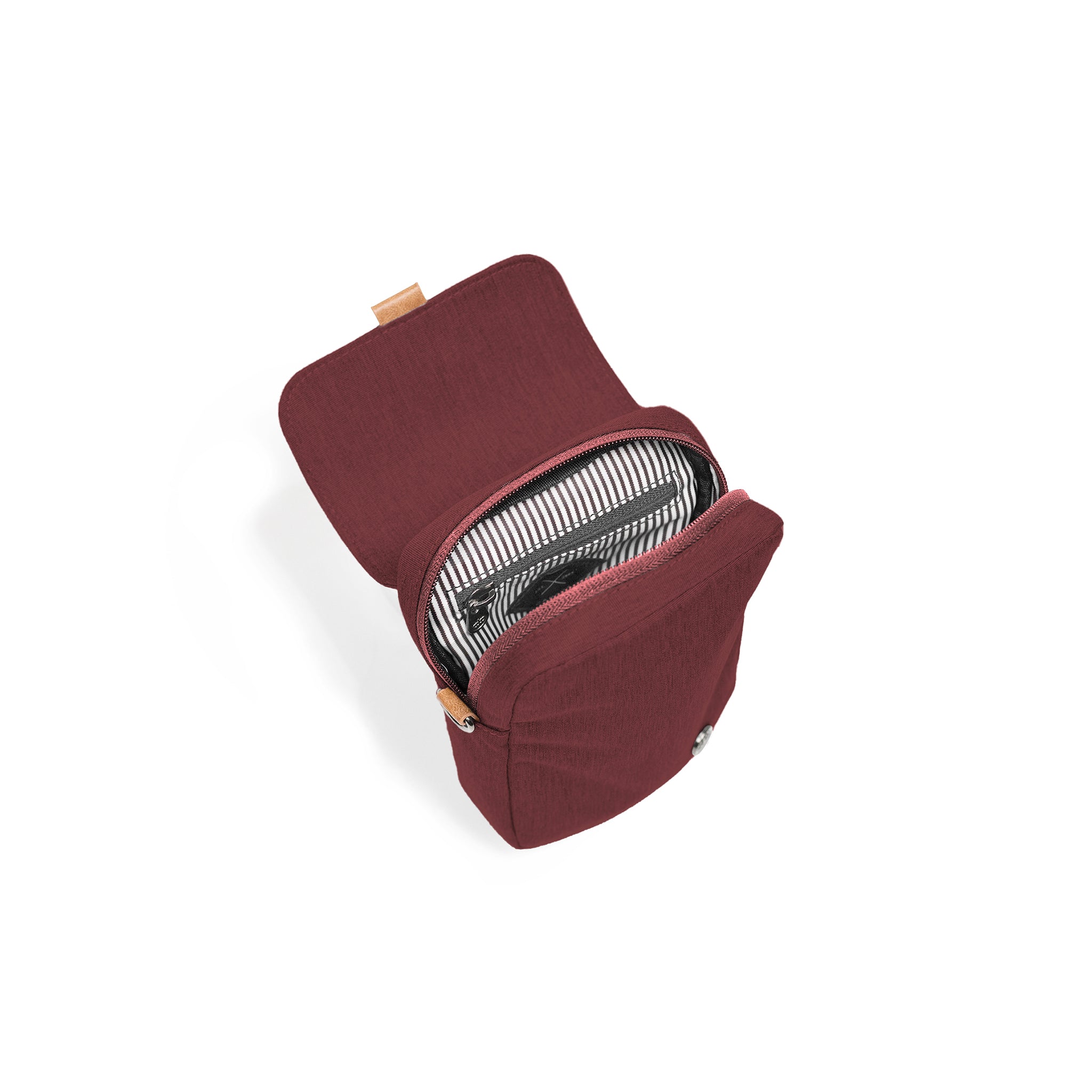 PKG Burrard recycled cross body bag (rum raisin), top open view showing inner lining and organization