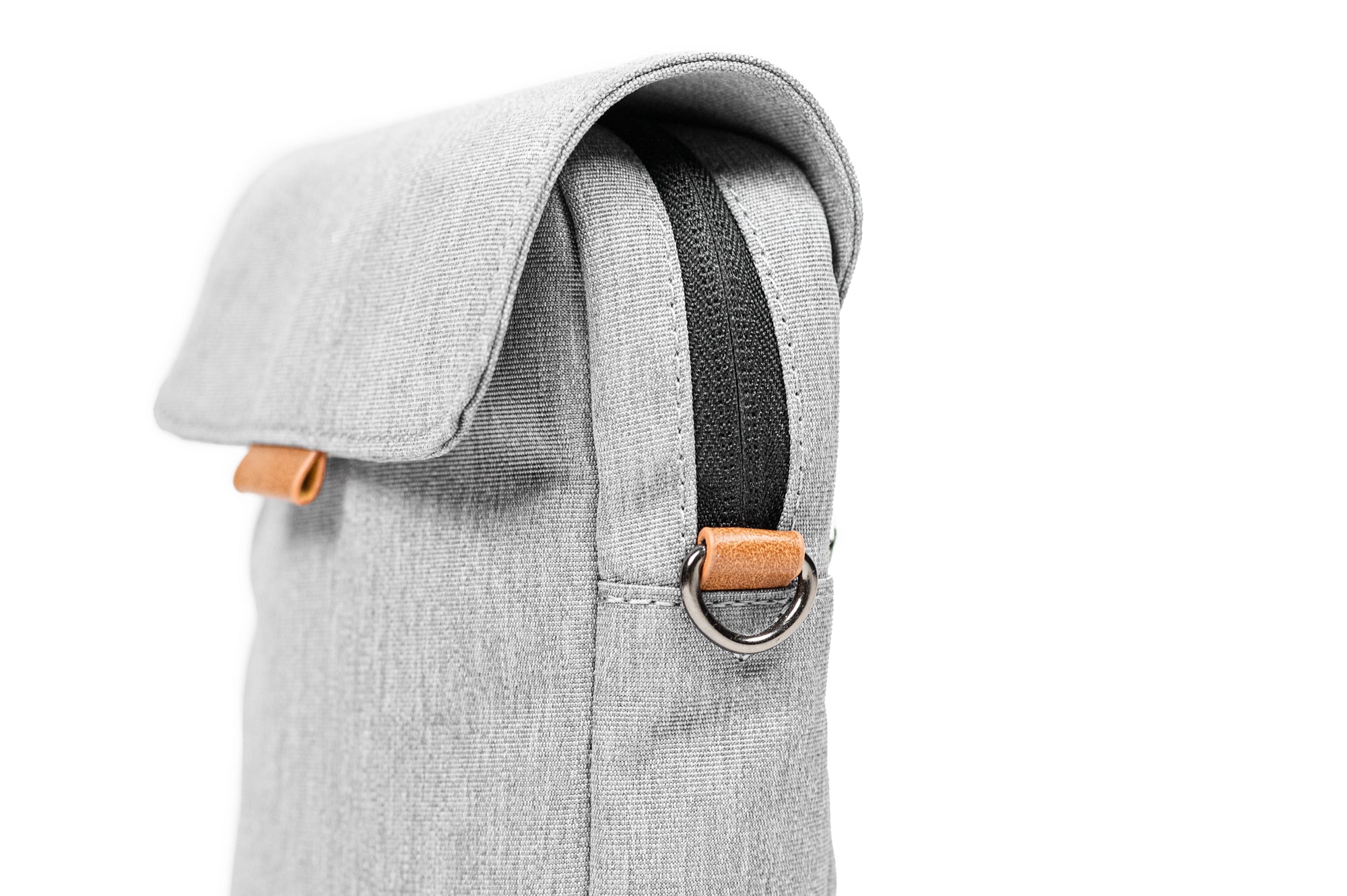 PKG Burrard recycled cross body bag, side view showing d-ring for attachable shoulder strap