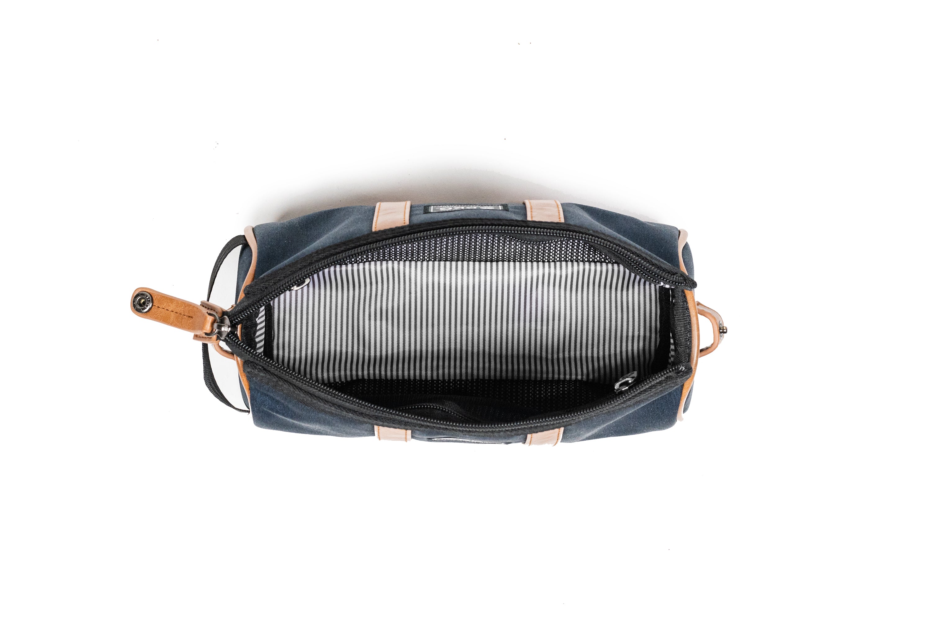 PKG Charlotte Recycled Toiletry Bag (navy) top view showing wide opening