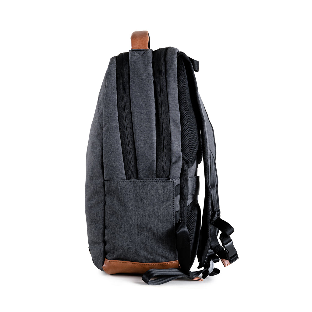 Durham Outpost recycled commuter backpack (dark grey) side view showing water bottle pocket