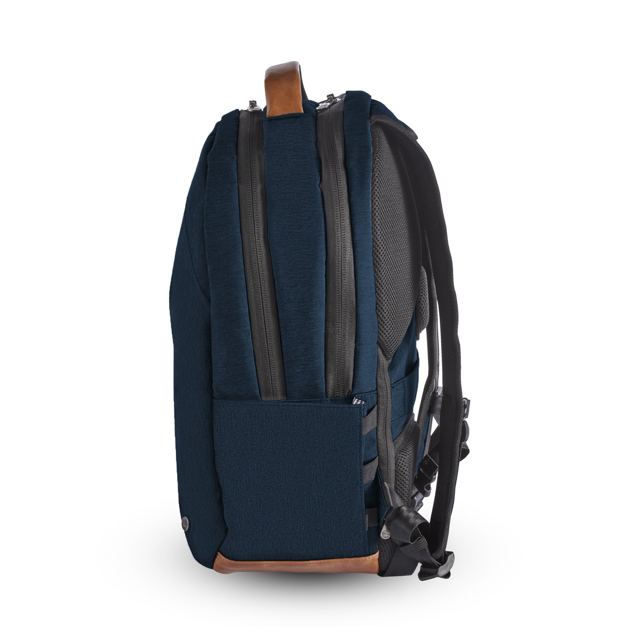 Durham Outpost recycled commuter backpack (navy) side view showing water bottle pocket