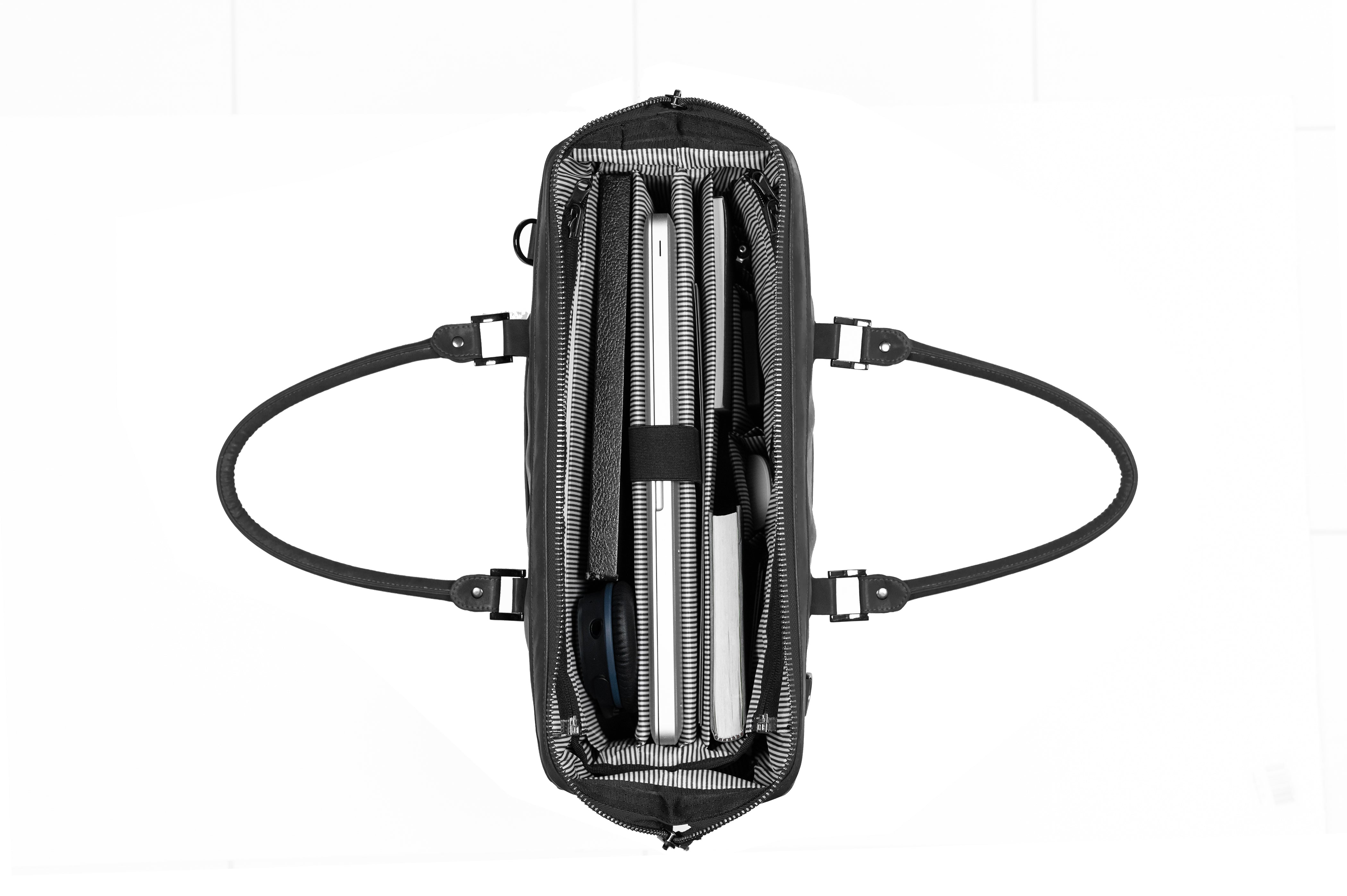 McGill 22.5L vegan leather, Doctor-Bag style messenger duffle, filing compartments top view