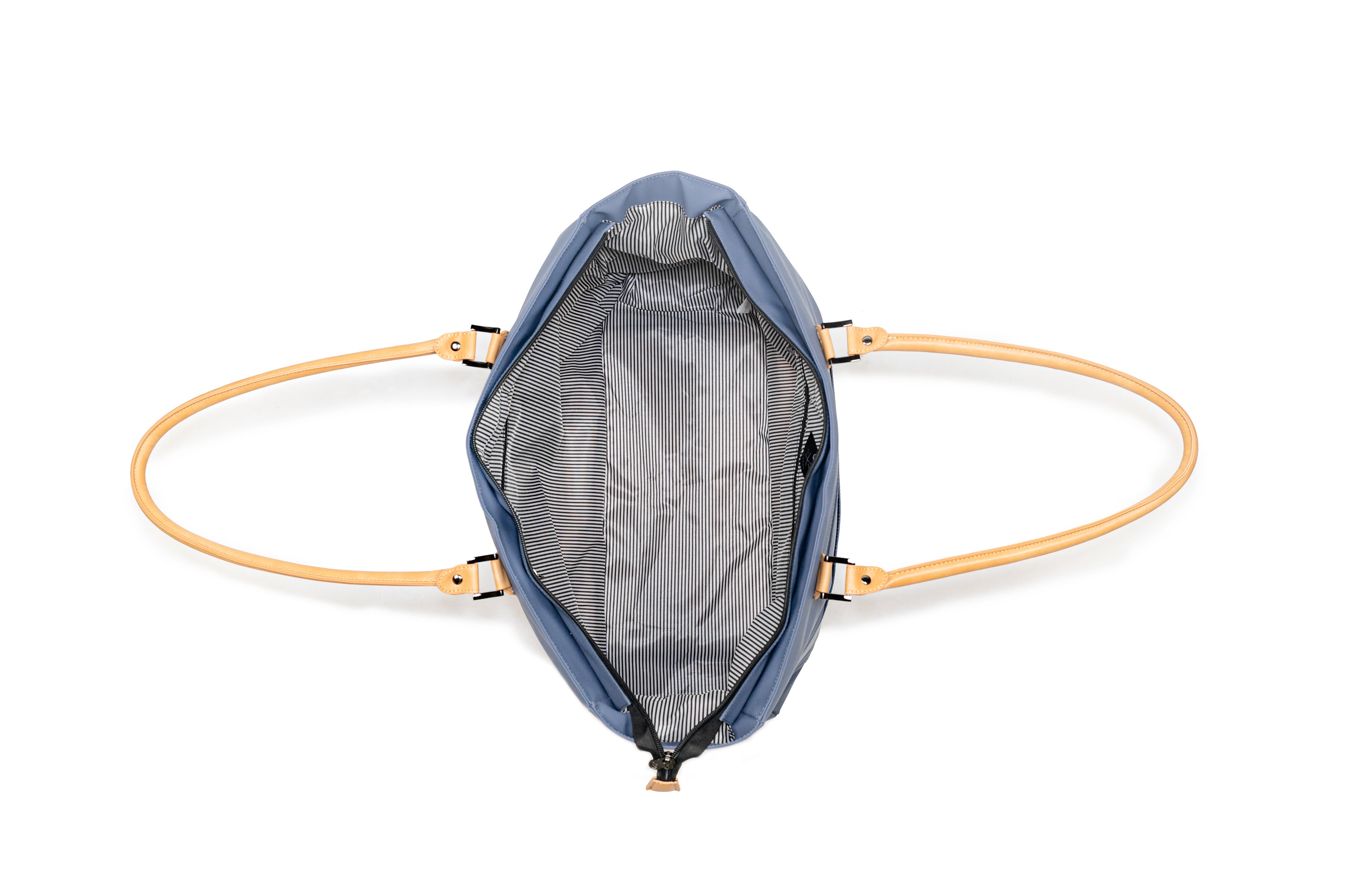 PKG Georgian 33L Recycled Tote Bag (vintage blue) open top view, showing spaciousness of bag for hauling anything