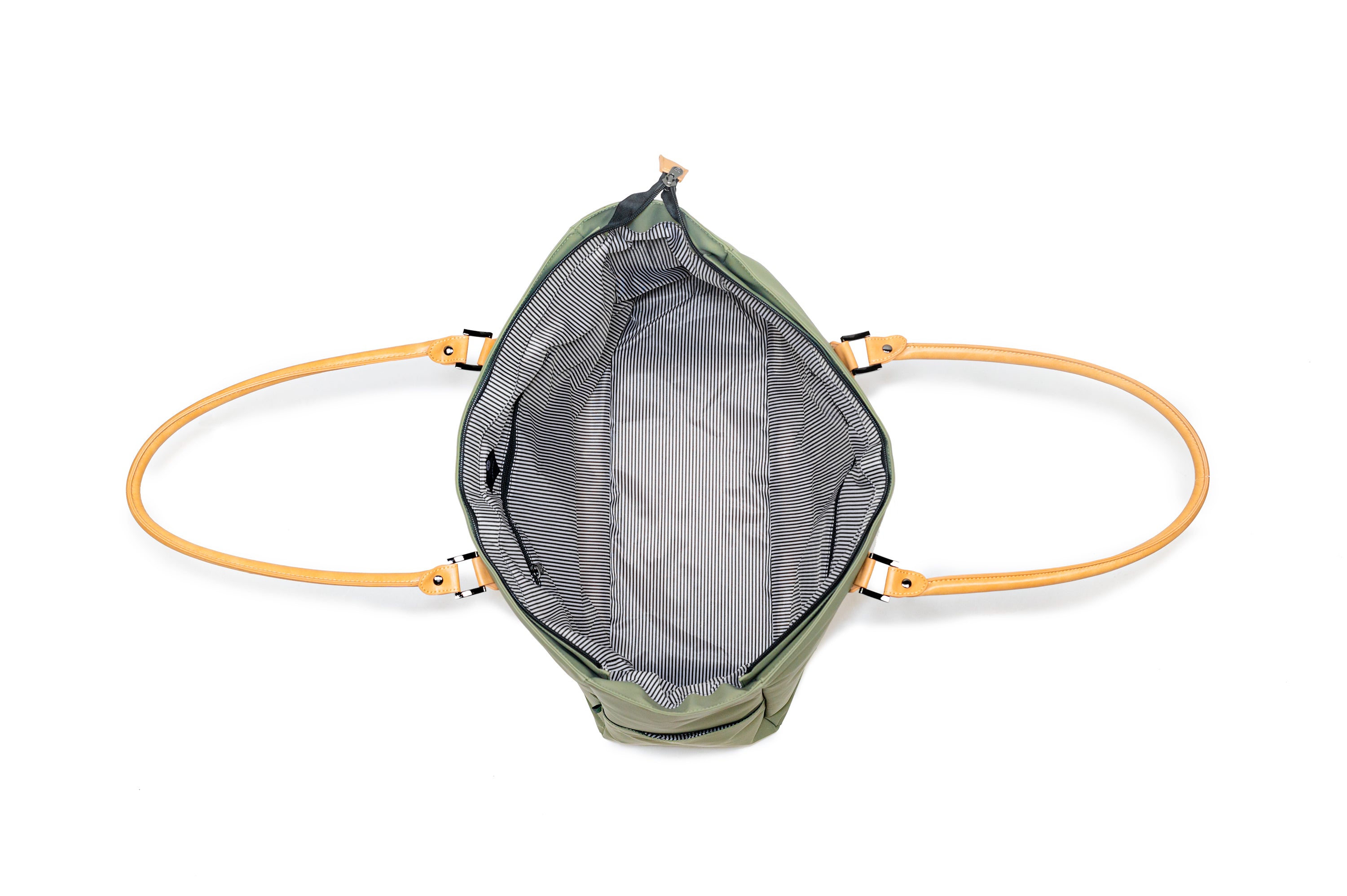 PKG Georgian 33L Recycled Tote Bag (tranquil green) open top view, showing spaciousness of bag for hauling anything