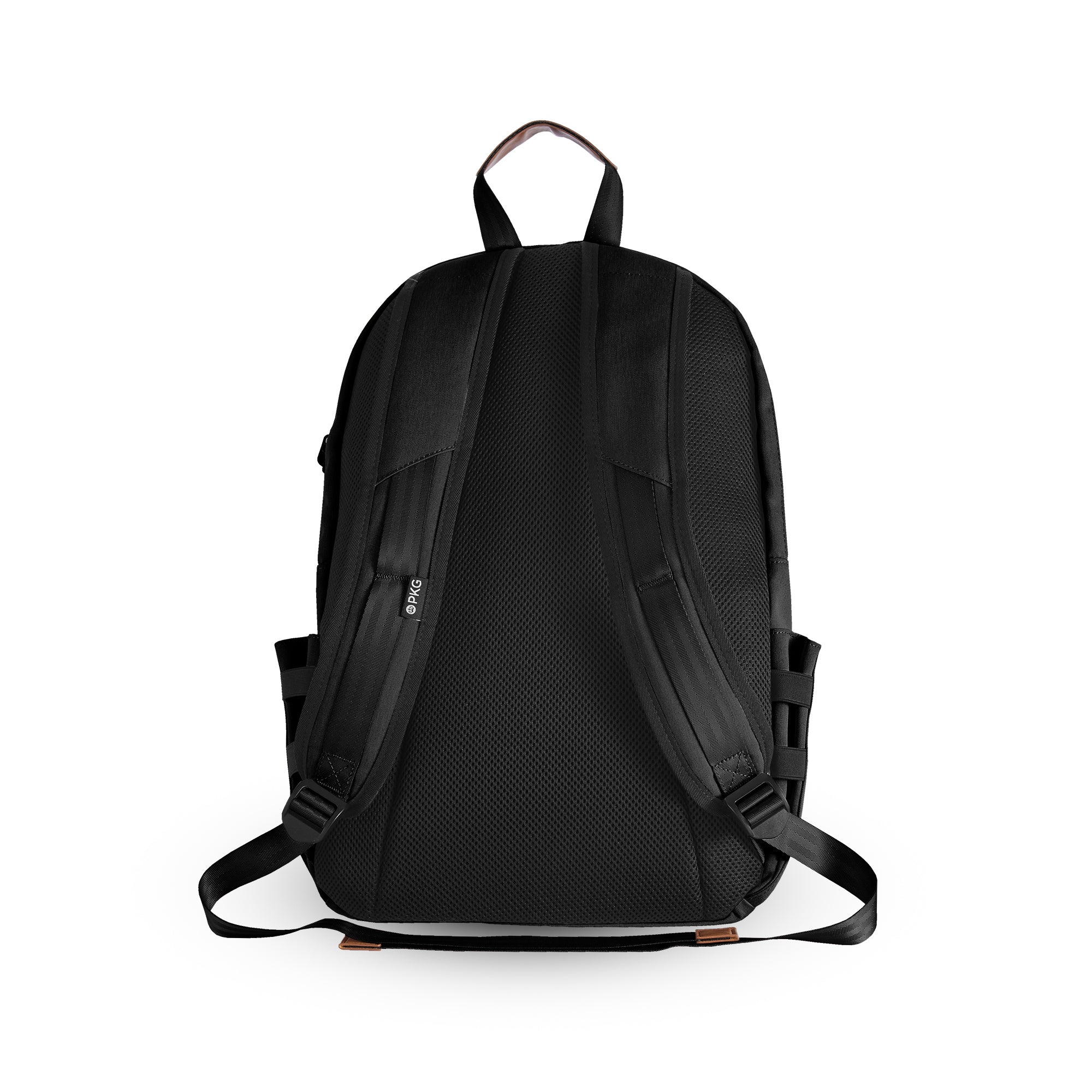 Granville recycled backpack (black) back view showing adjustable shoulder straps and padding for comfort