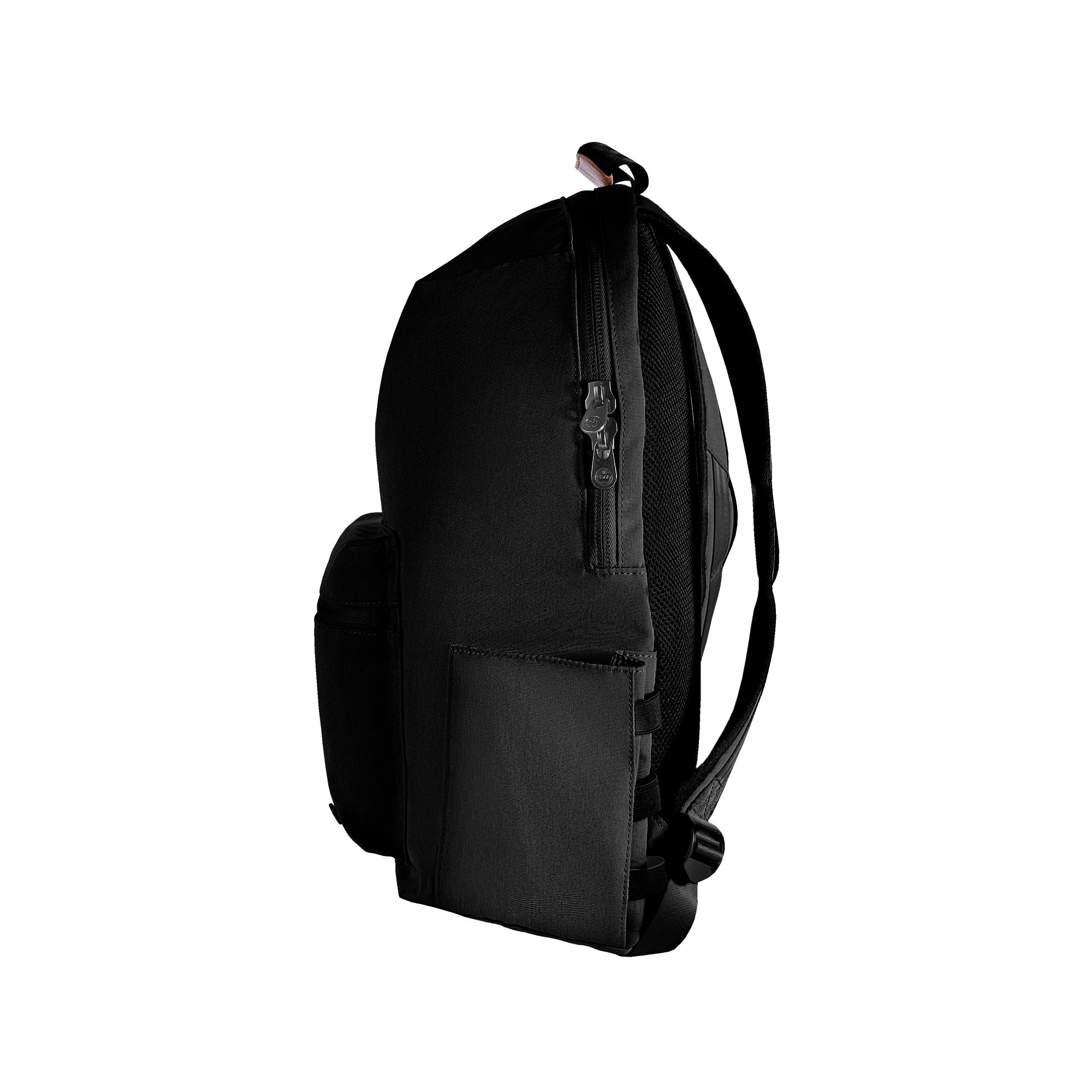 Granville recycled backpack (black) side view showing water bottle pocket