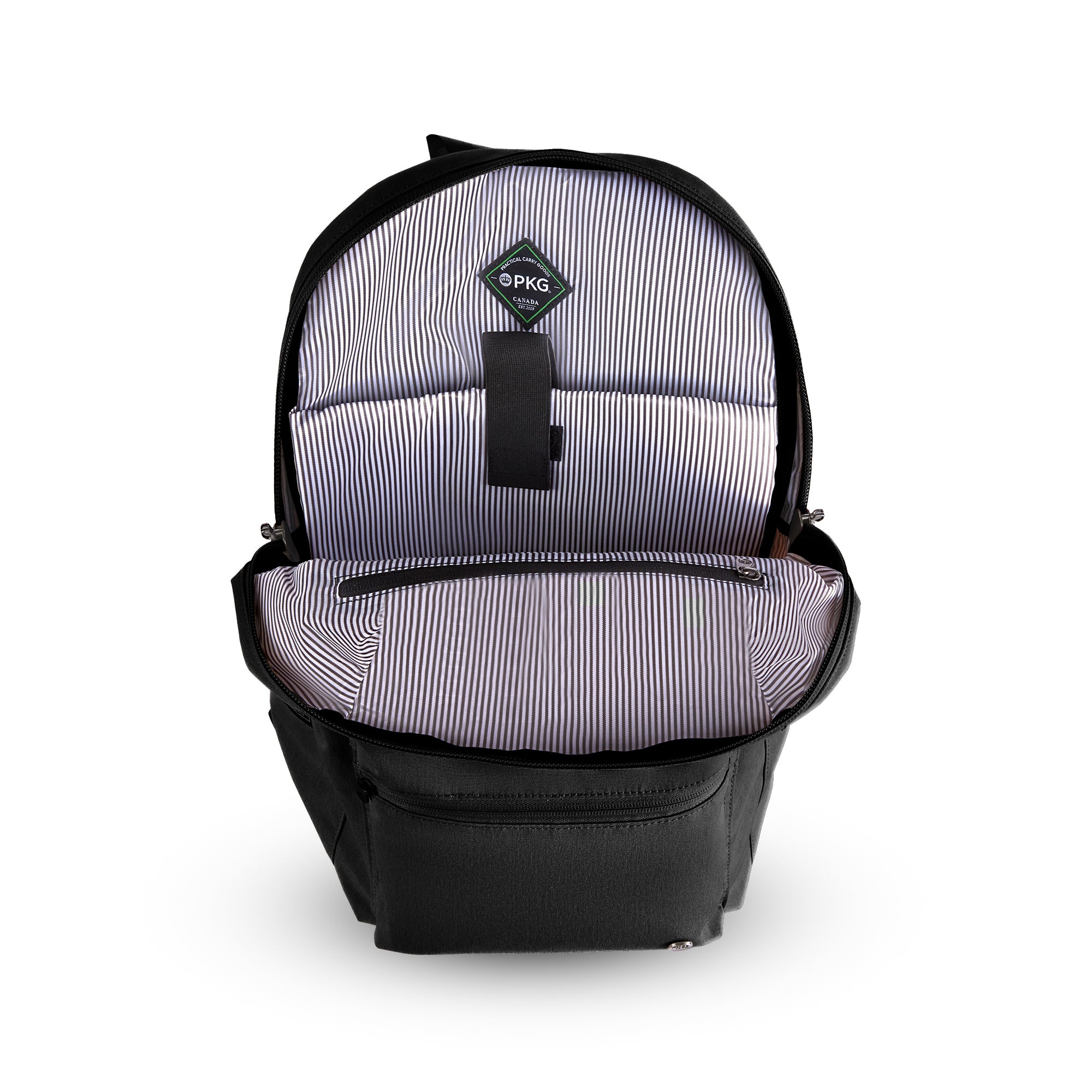 Granville recycled backpack (black) open main compartment showing laptop pocket