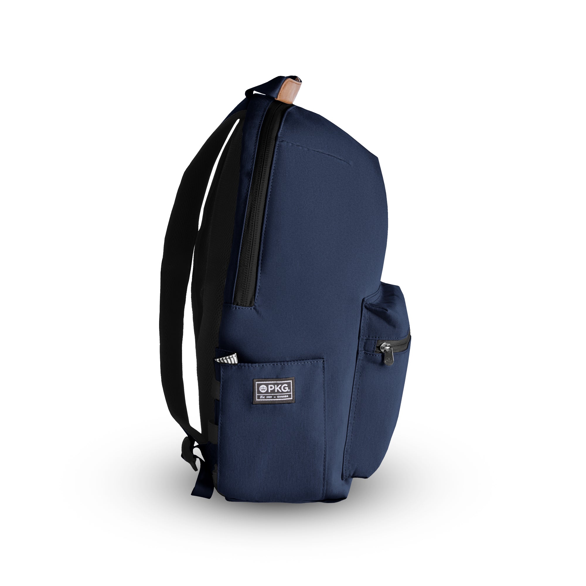 Granville recycled backpack (navy) side view showing water bottle pocket