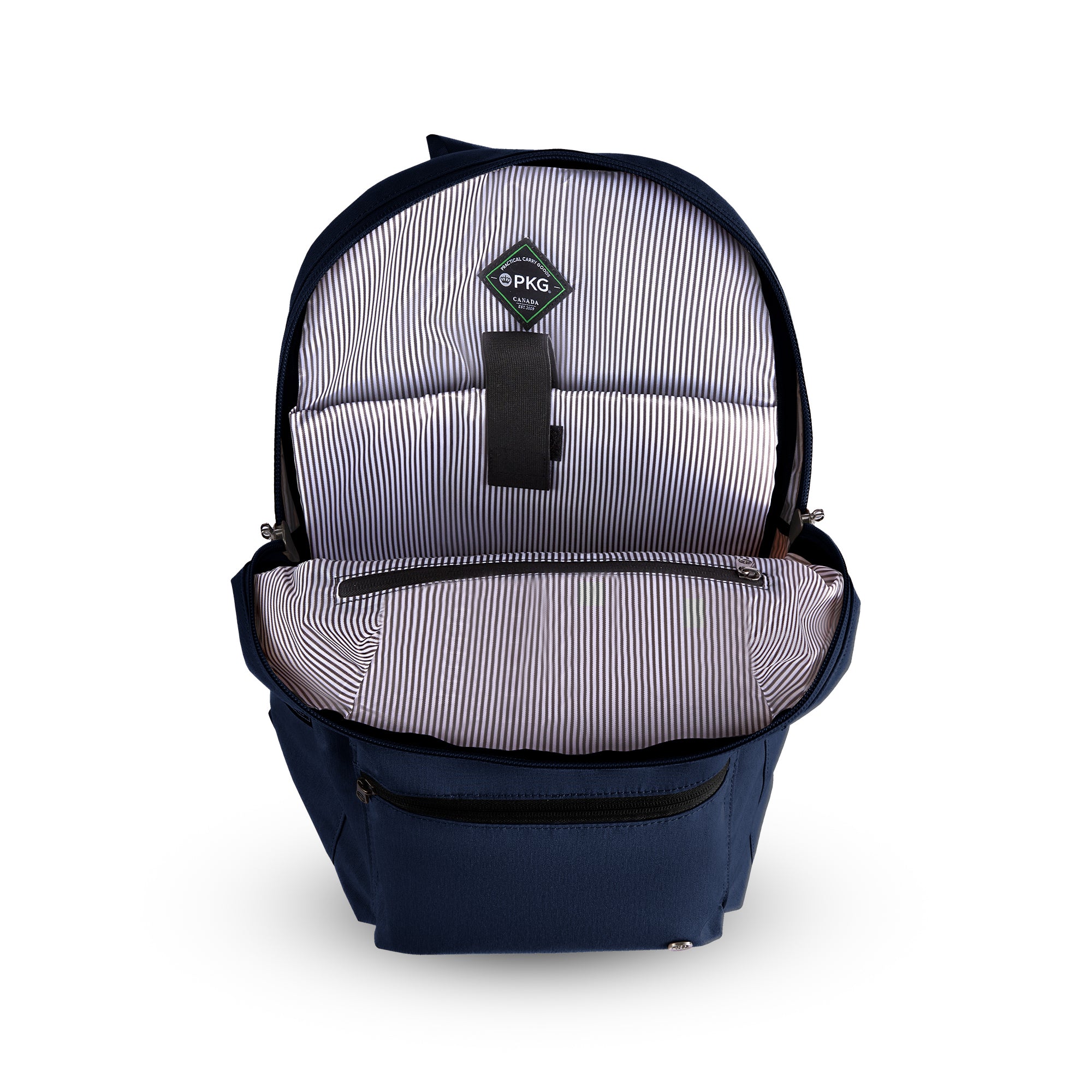 Granville recycled backpack (navy) open main compartment showing laptop pocket