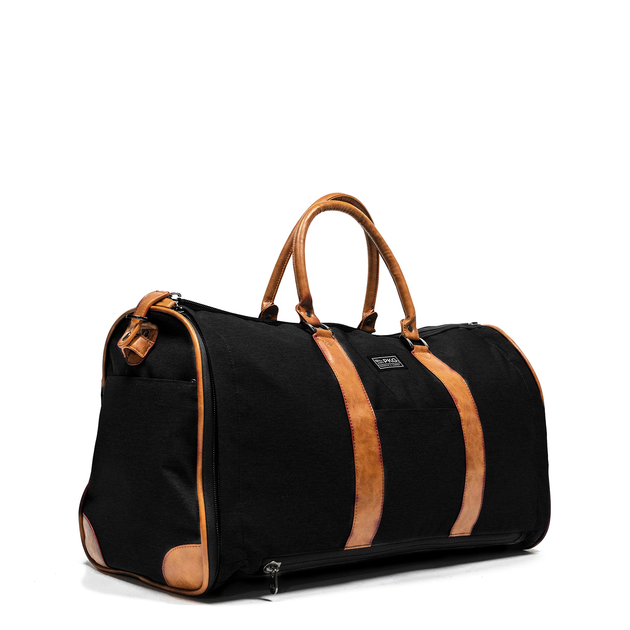 PKG Bishop 42L Recycled Duffle Bag (black) – a versatile, weather-resistant travel companion for weekdays and weekend getaways. With dedicated shoe/laundry compartment, padded laptop storage, and integrated organization, stay organized on the go