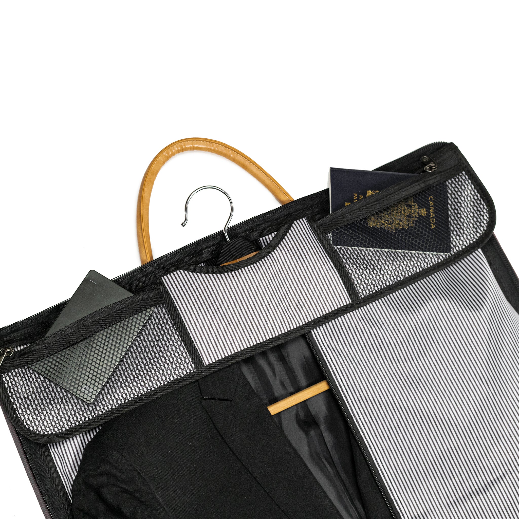 PKG Bishop 42L Recycled Duffle Bag showing inside opened duffel, revealing storage compartments