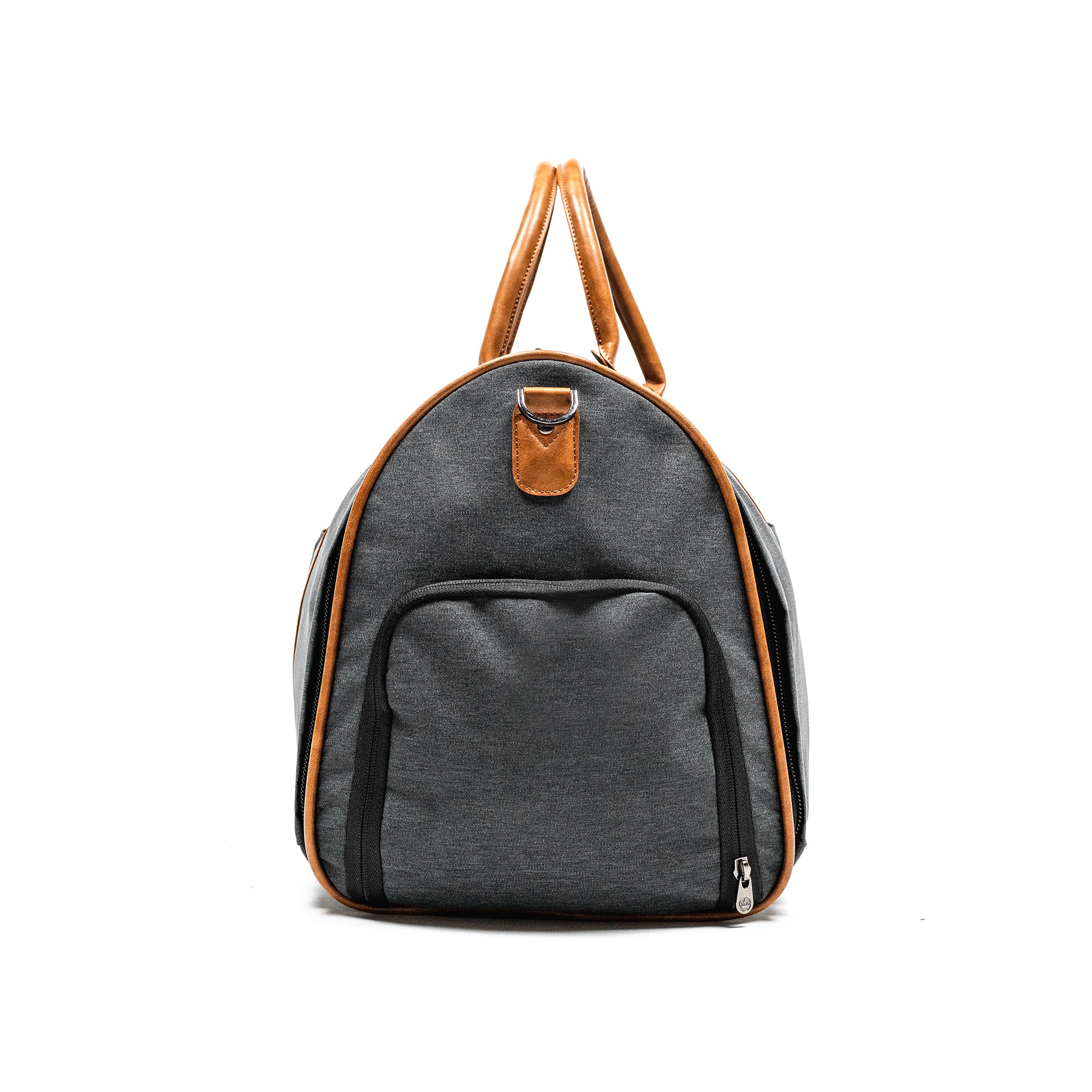 PKG Bishop 42L Recycled Duffle Bag (grey) side view showing d-ring for attaching adjustable strap, and shoe/laundry compartment