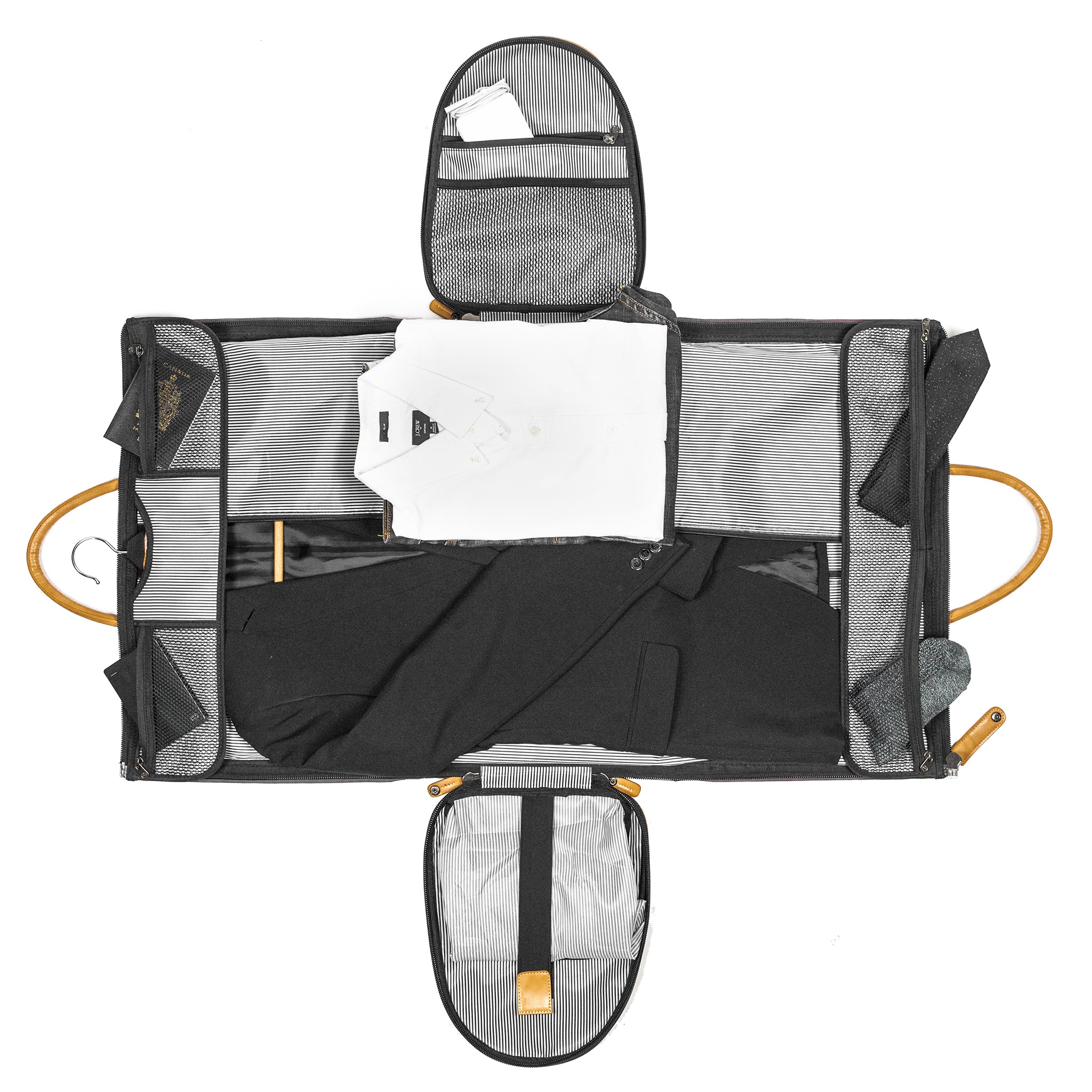 PKG Bishop 42L Recycled Duffle Bag fully open to reveal garment carrying capability, shows dress clothes and accessories stored inside #
