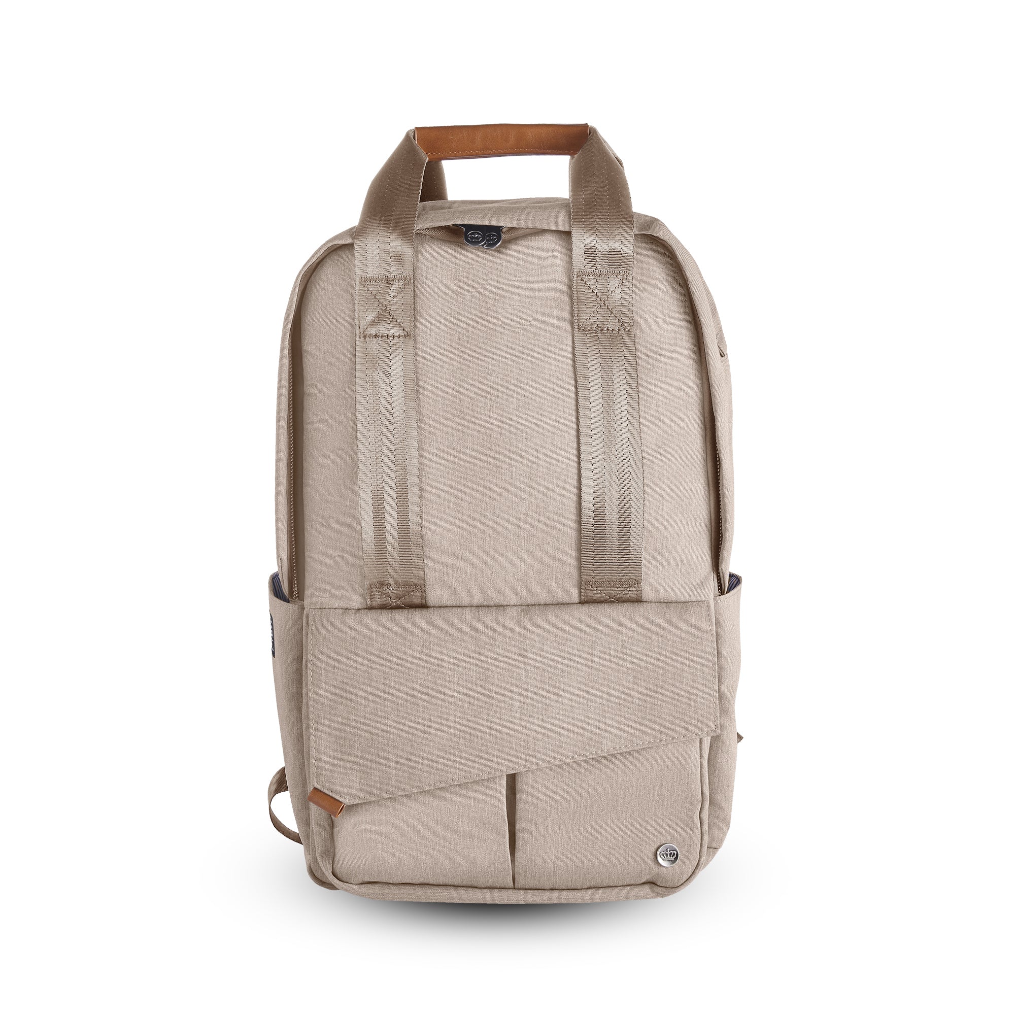 PKG Rosseau 19L Recycled Backpack Tote (ginger root) front view showing tote handles and unique front pocket design