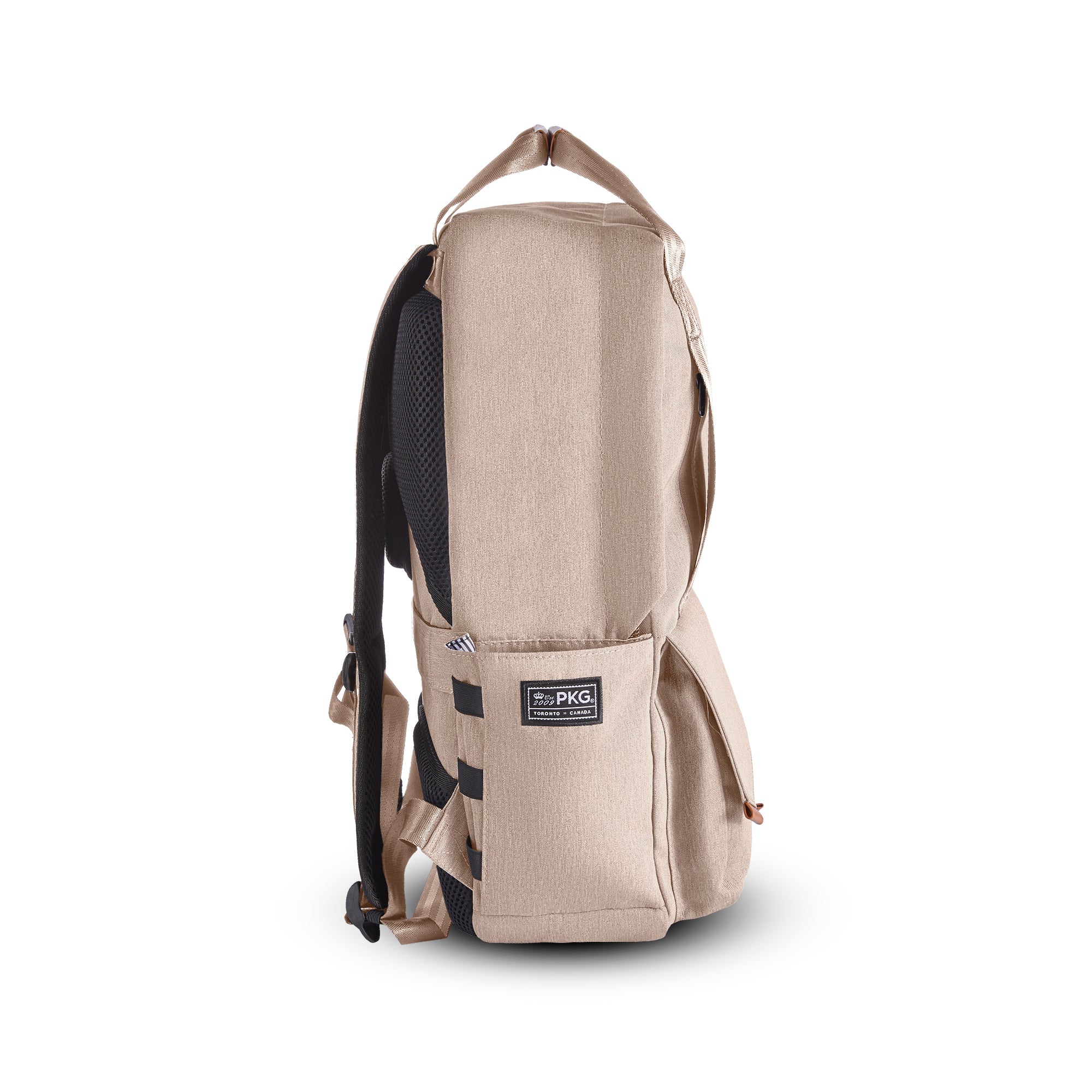 PKG Rosseau 19L Recycled Backpack Tote (ginger root) side view showing water bottle pocket