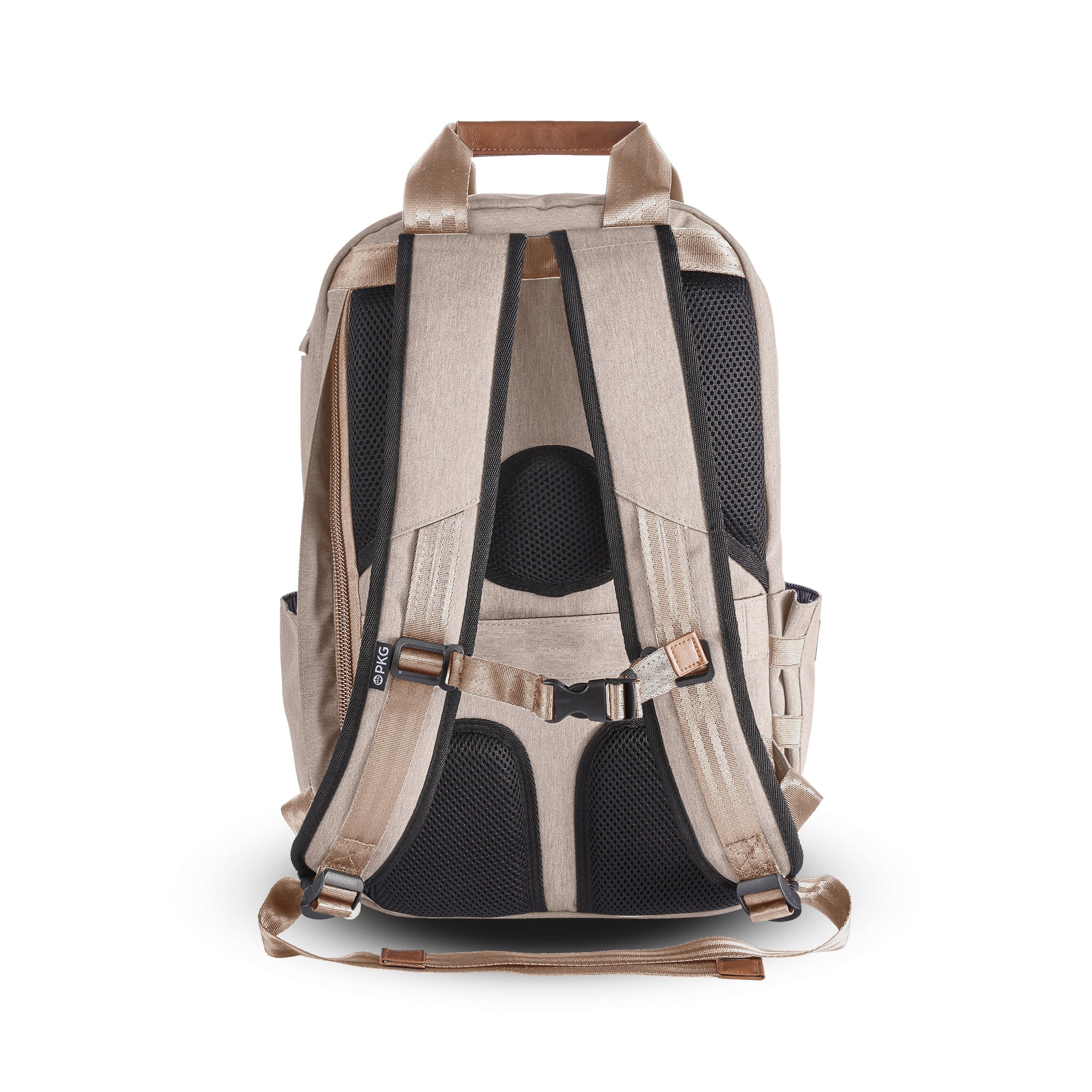 PKG Rosseau 19L Recycled Backpack Tote (ginger root) back view showing adjustable shoulder straps, trolley strap, and breathable padding for comfort