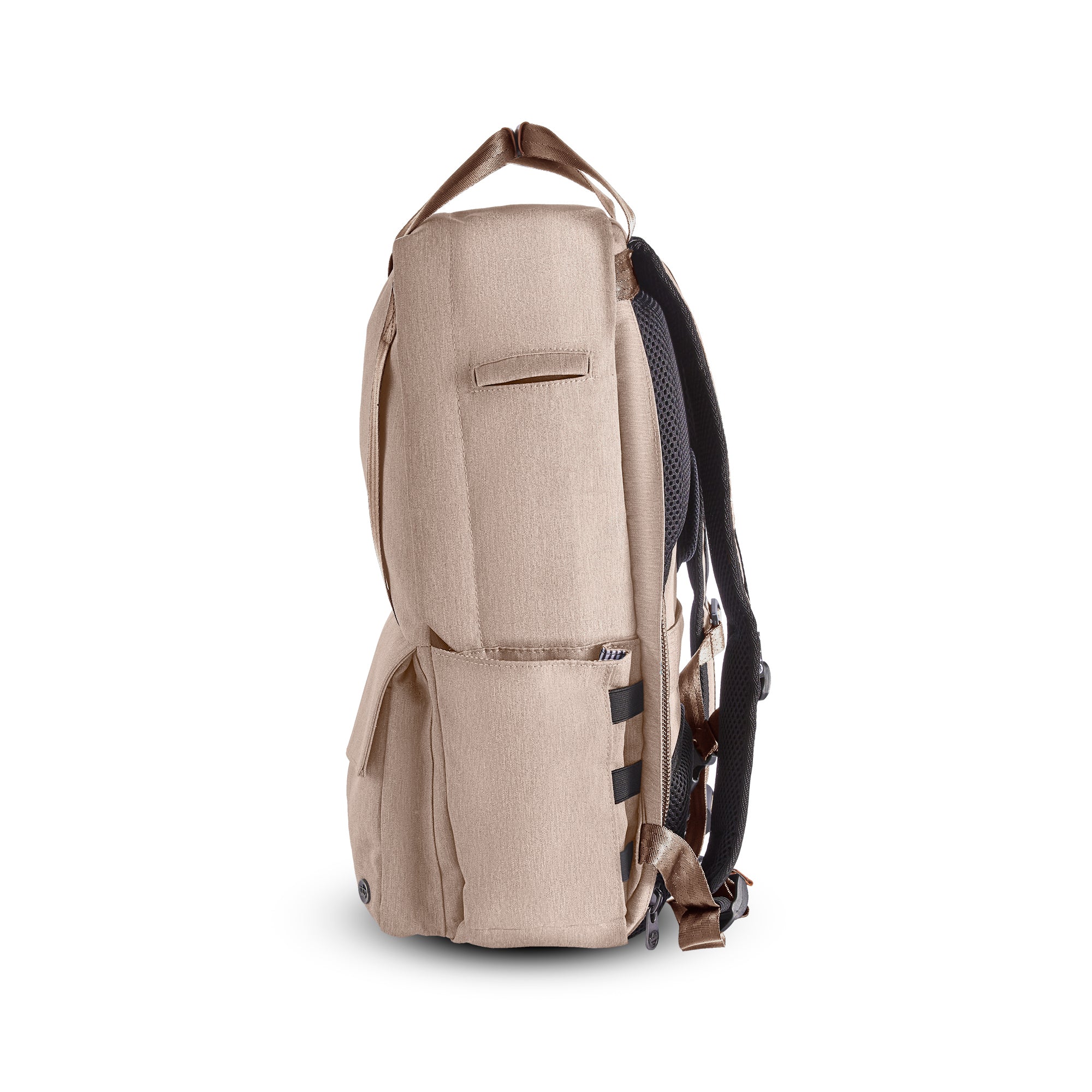 PKG Rosseau 19L Recycled Backpack Tote (ginger root) side view showing water bottle pocket