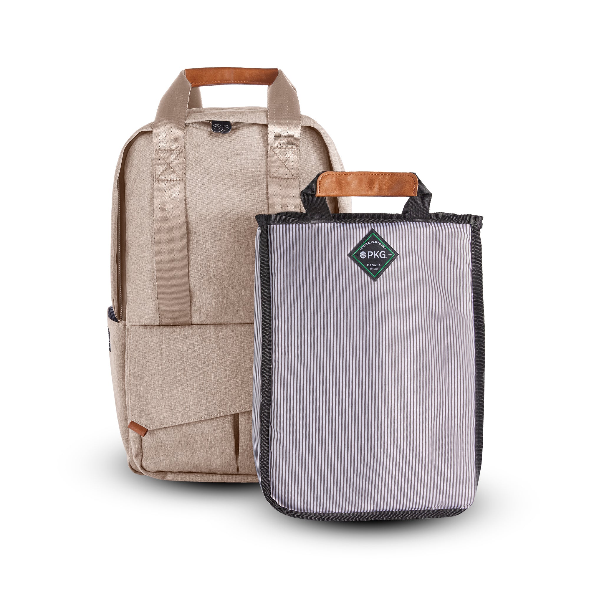 PKG Rosseau 19L Recycled Backpack Tote (ginger root) beside removable insert for modular storage options