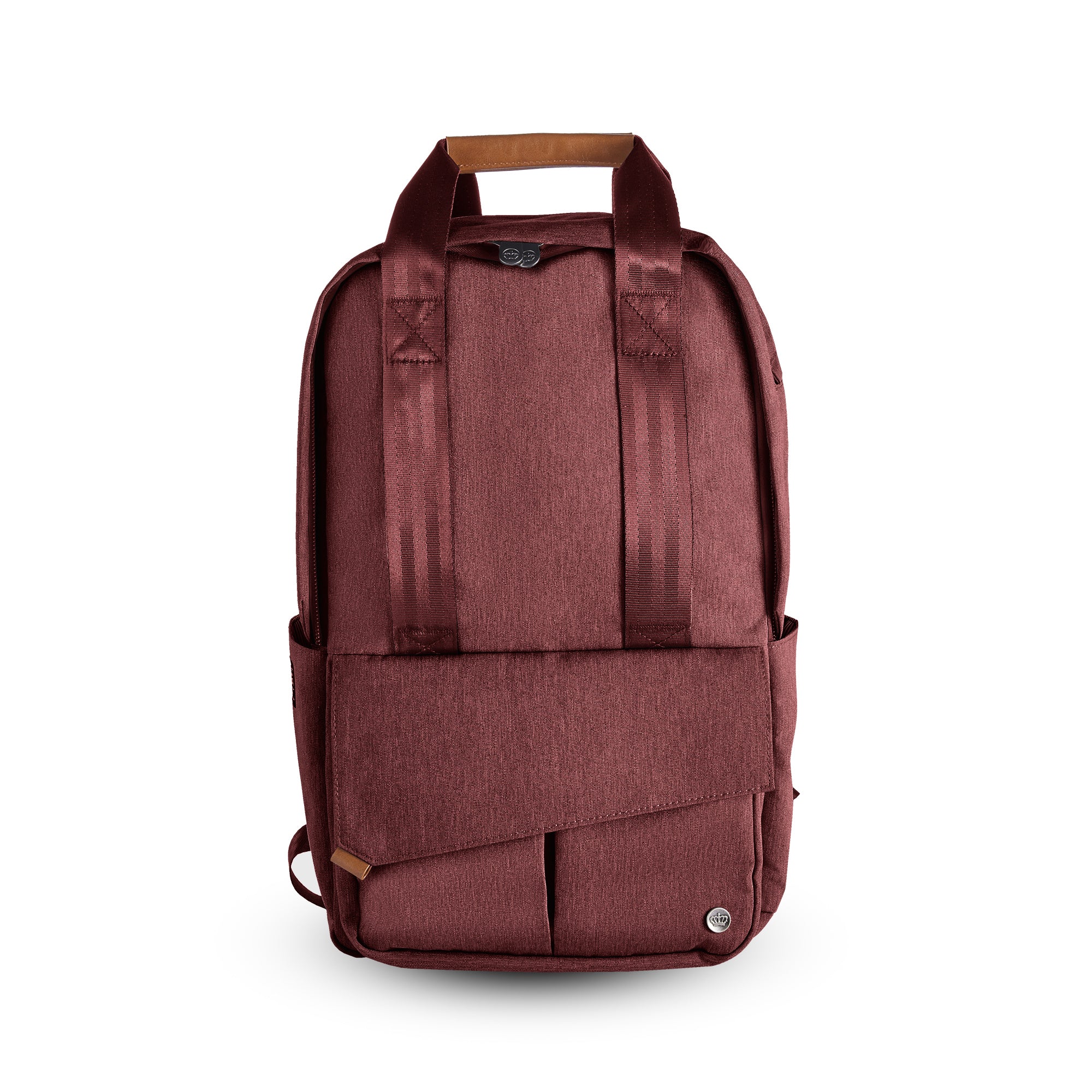 PKG Rosseau 19L Recycled Backpack Tote (rum raisin) front view showing tote handles and unique front pocket design