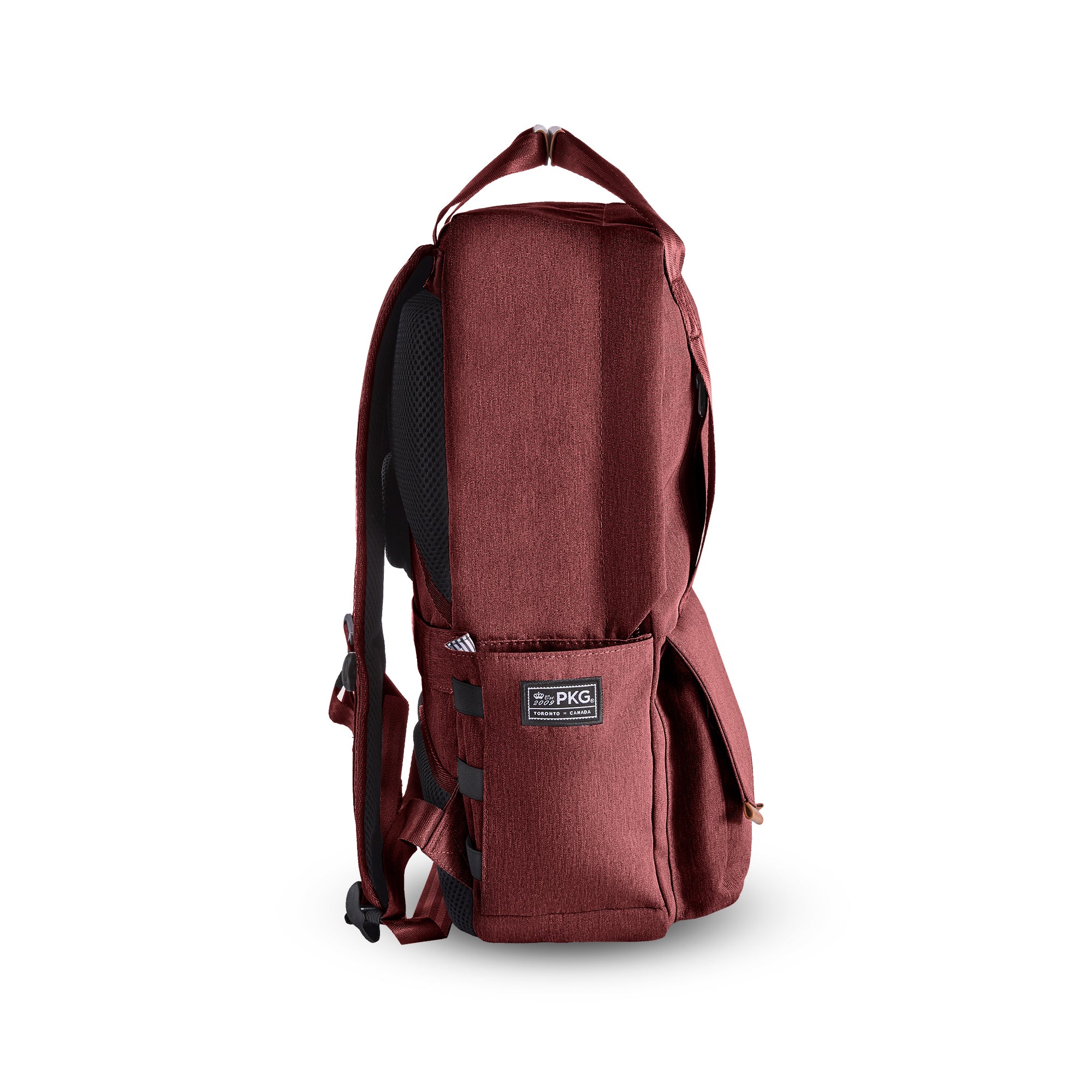 PKG Rosseau 19L Recycled Backpack Tote (rum raisin) side view showing water bottle pocket