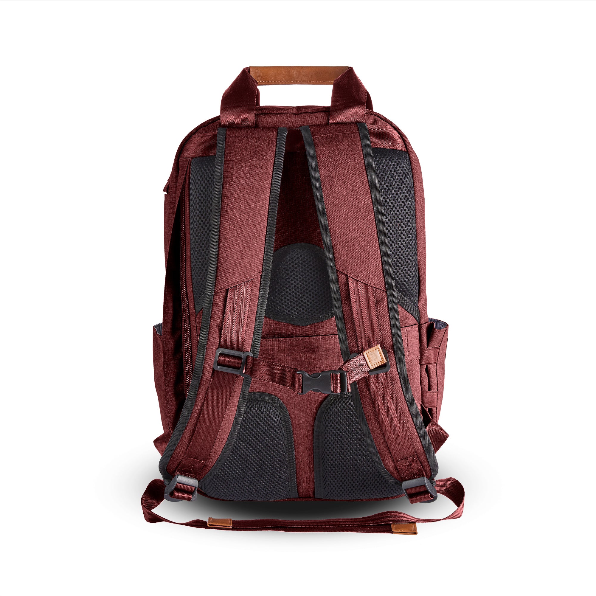PKG Rosseau 19L Recycled Backpack Tote (rum raisin) back view showing adjustable shoulder straps, trolley strap, and breathable padding for comfort