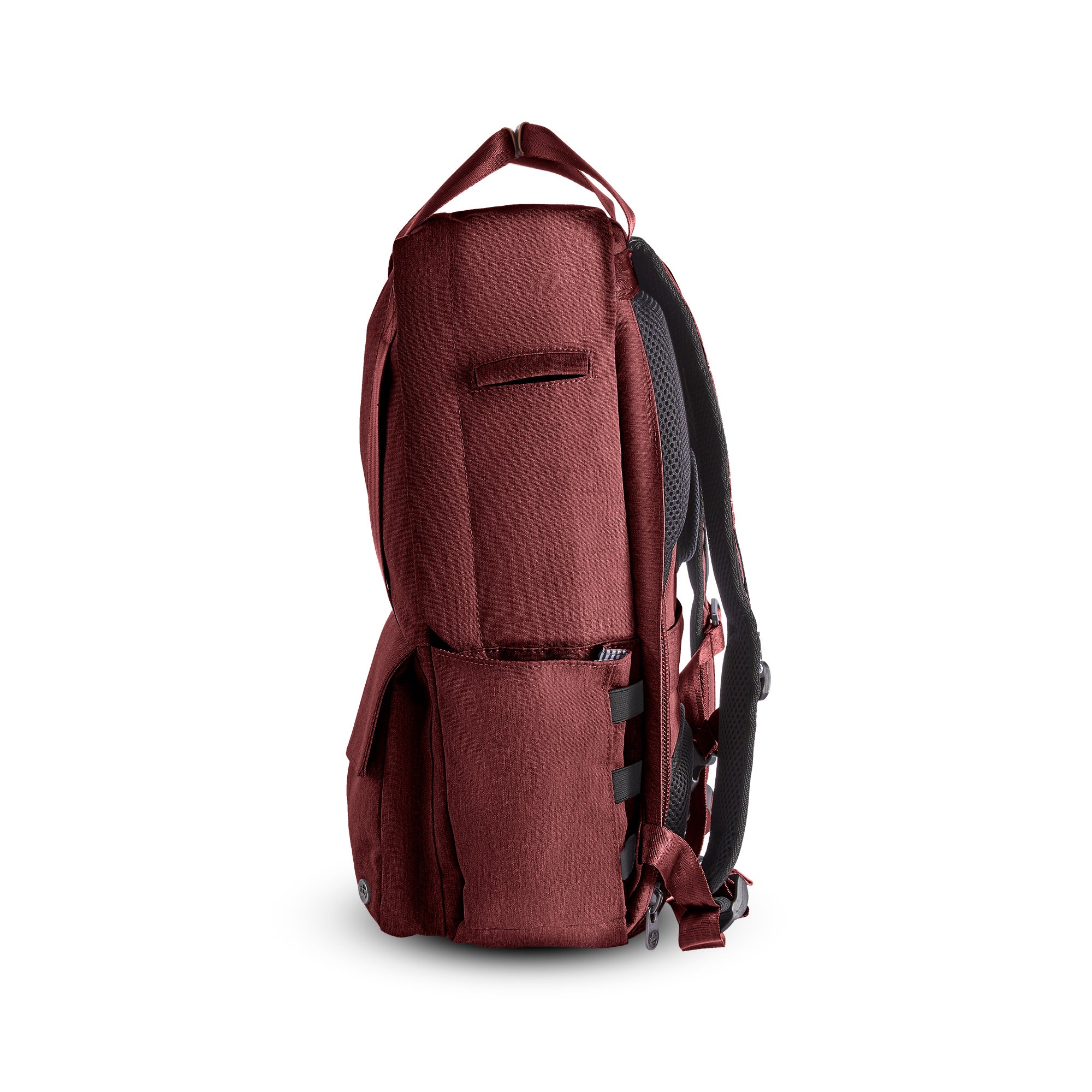 PKG Rosseau 19L Recycled Backpack Tote (rum raisin) side view showing water bottle pocket