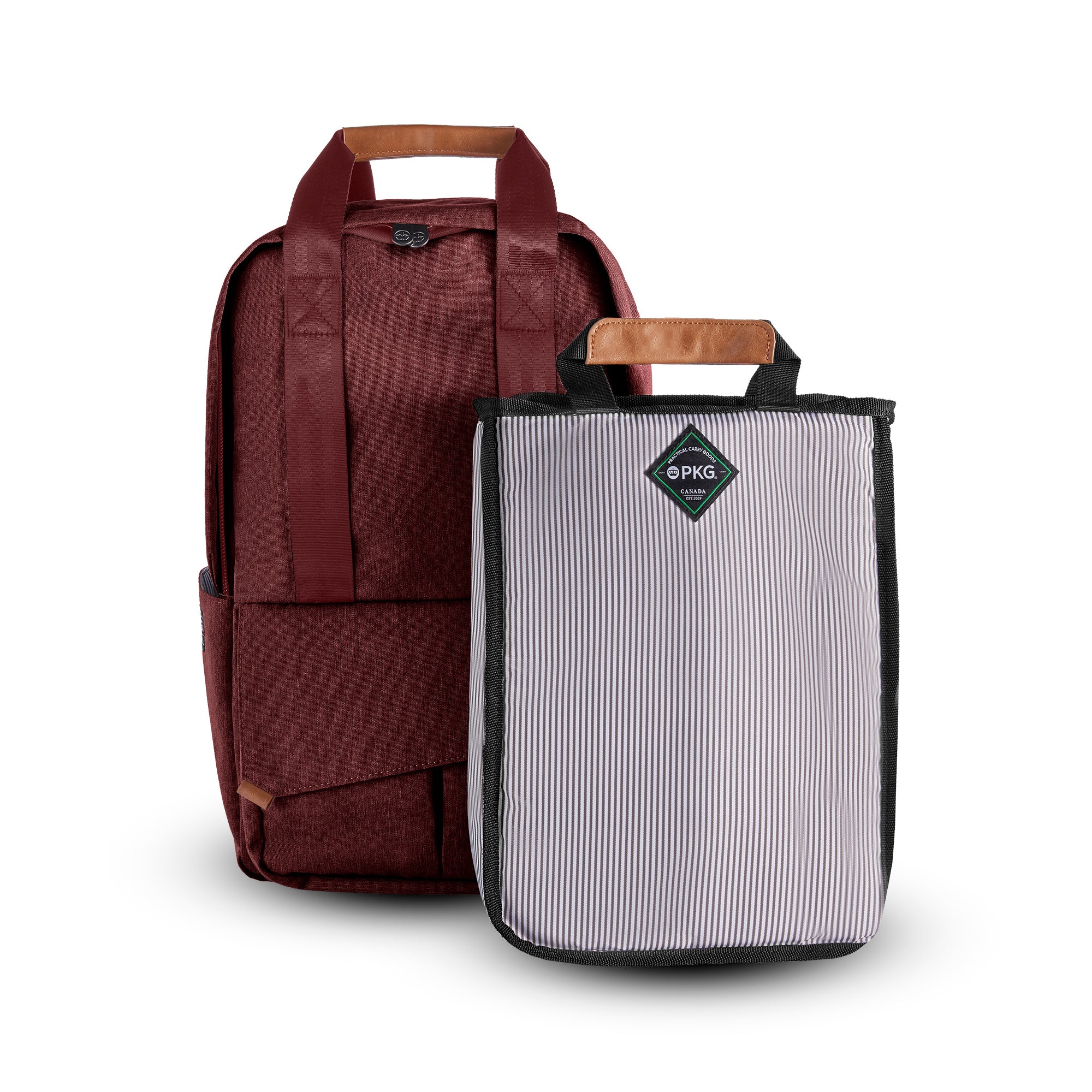PKG Rosseau 19L Recycled Backpack Tote (rum raisin) beside removable insert for modular storage options