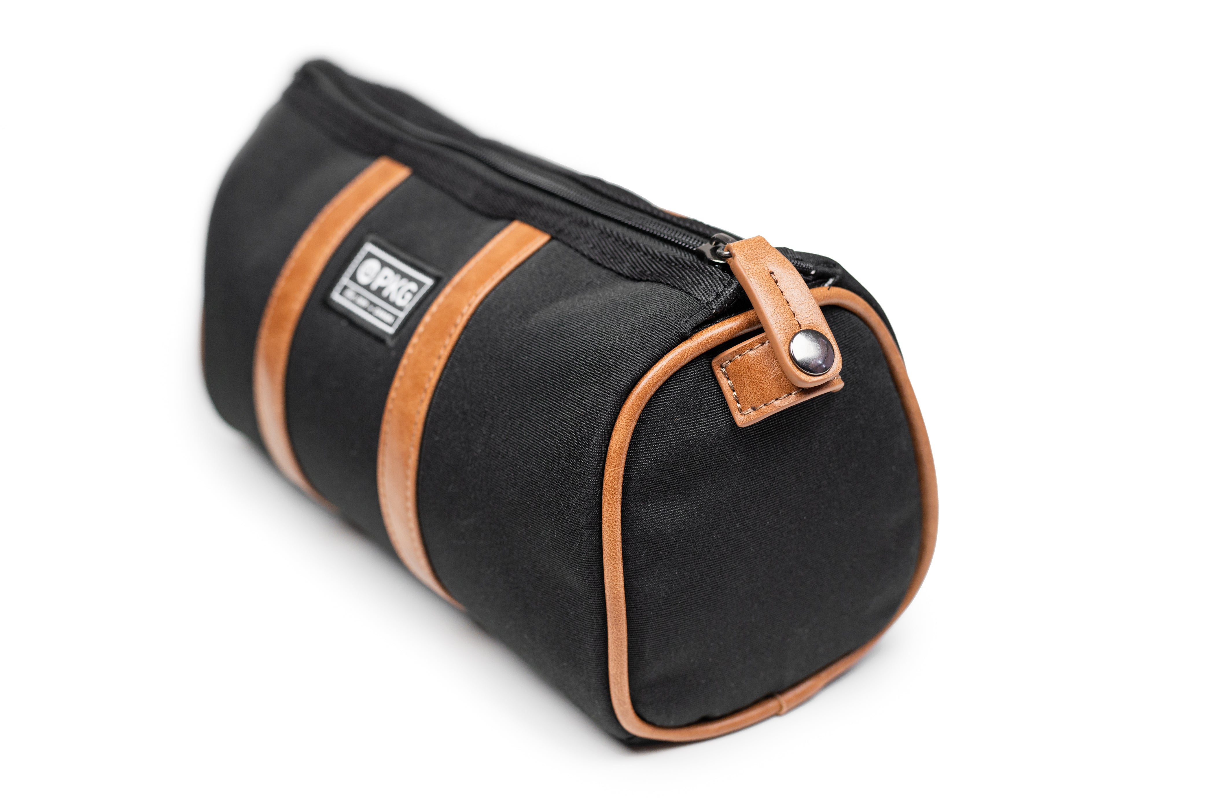 PKG Charlotte Recycled Toiletry Bag (black) side view showing zipper lock