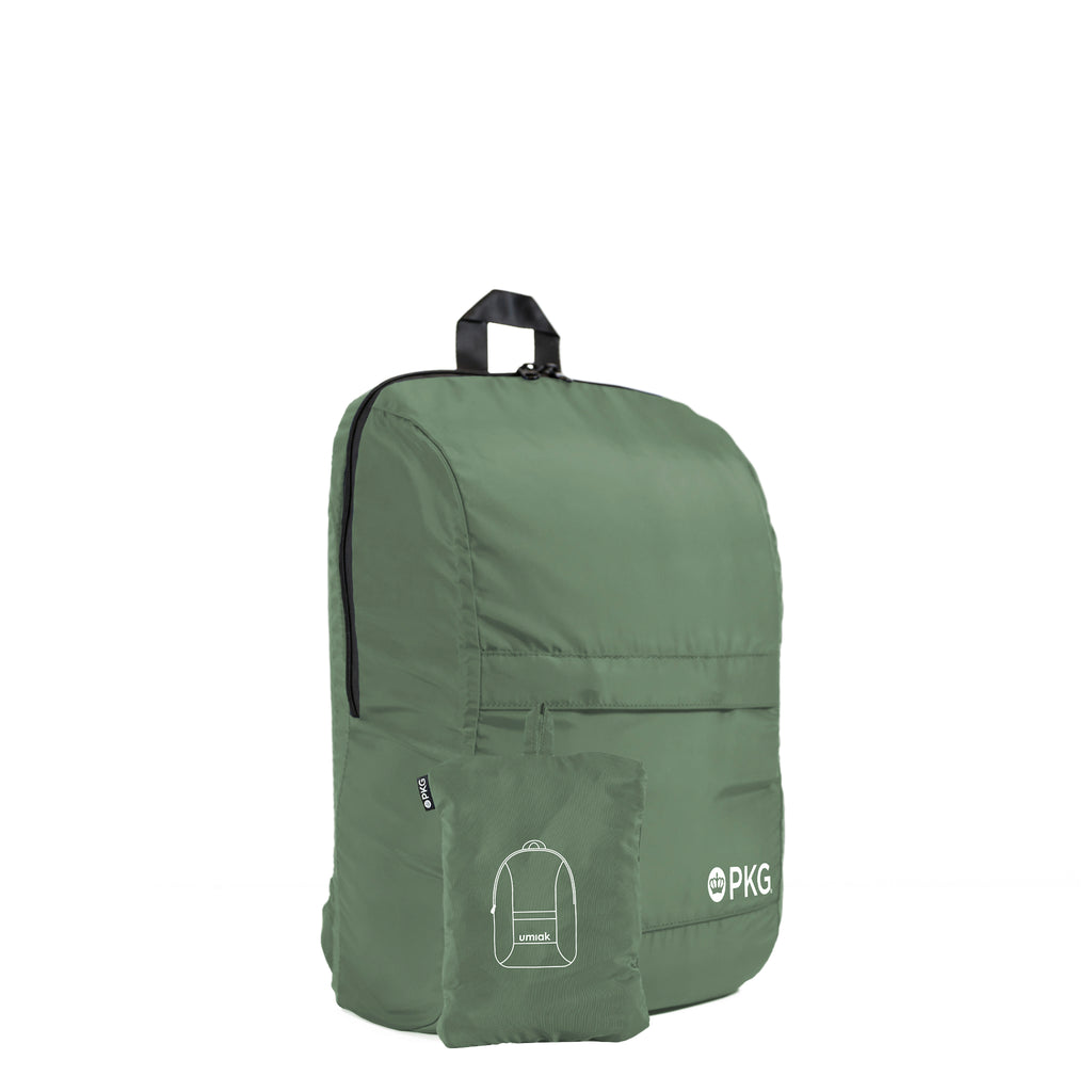 Umiak 28L Recycled Backpack (green) your eco-friendly everyday travel companion. Built with 100% recycled, water-resistant, and tear-resistant material. Antimicrobial, odor-resistant, and exceptionally durable with reinforced seams