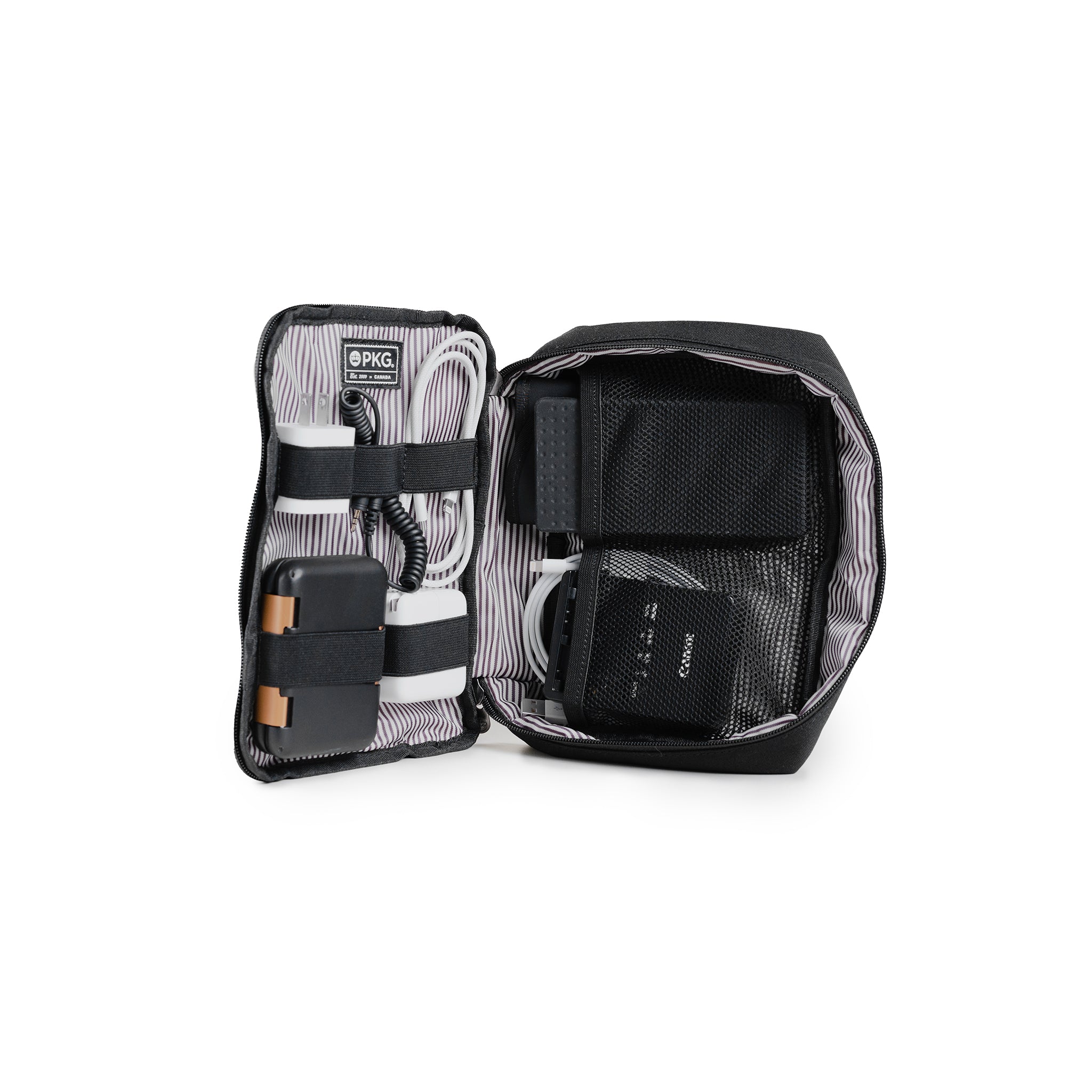 PKG Waterloo Recycled Accessory Cases (2-pack) (black) open, showing tech accessories/products organized into various compartments