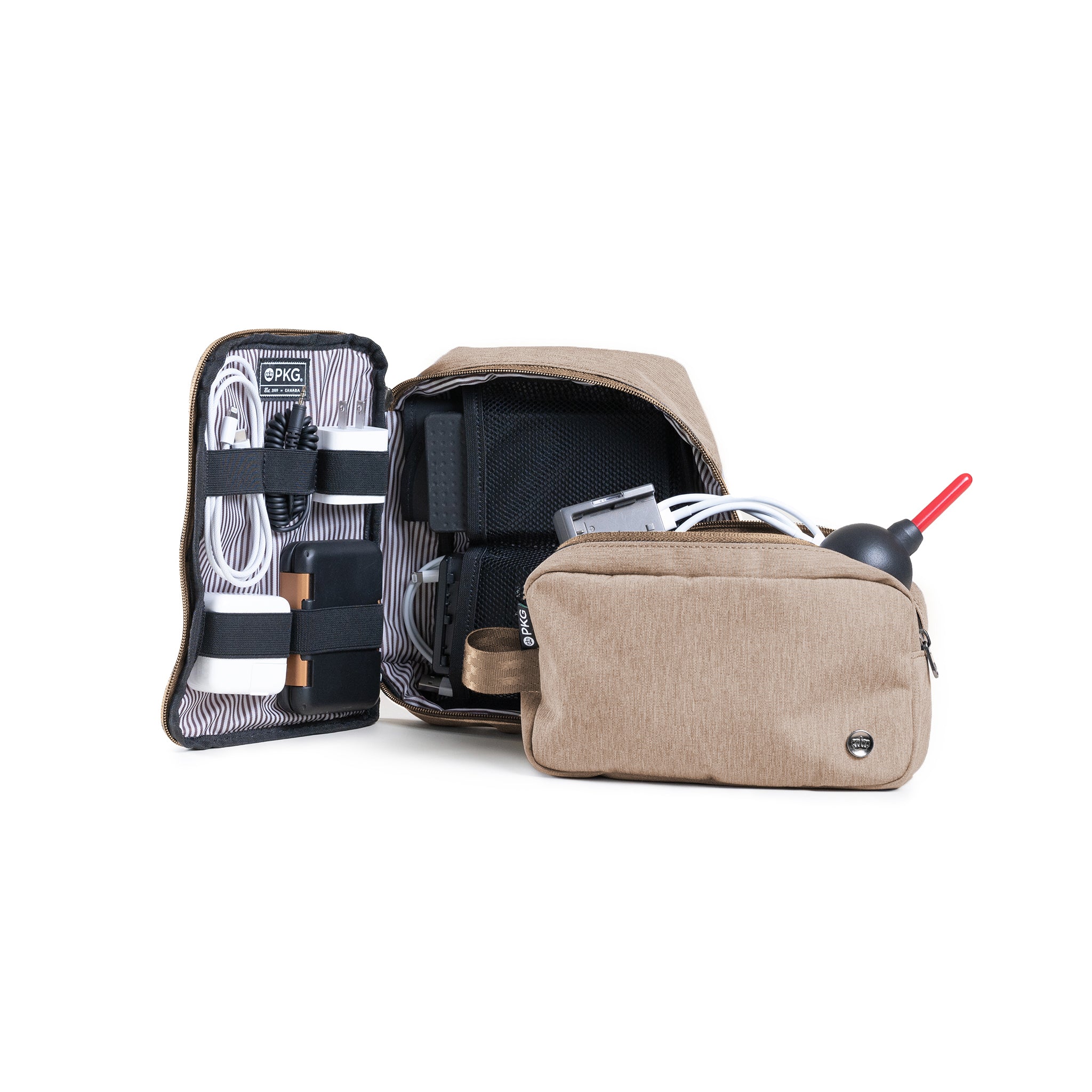 PKG Waterloo Recycled Accessory Cases (2-pack) (ginger root) open, showing tech accessories/products organized into various compartments