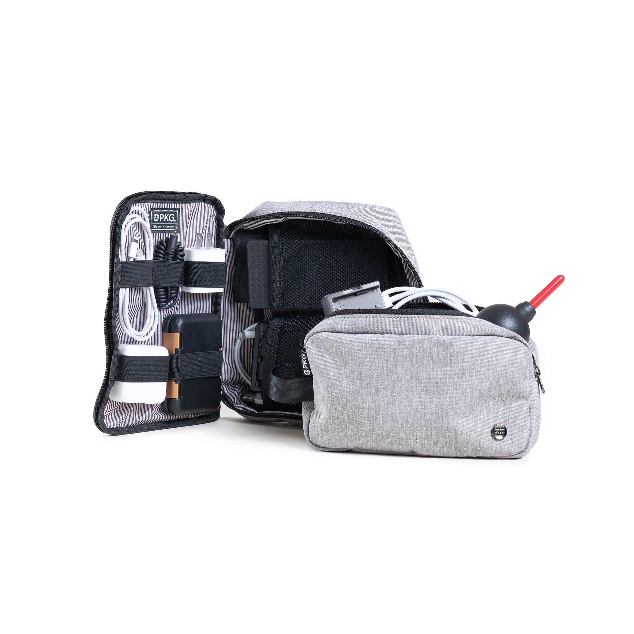 PKG Waterloo Recycled Accessory Cases (2-pack) (light grey) open, showing tech accessories/products organized into various compartments