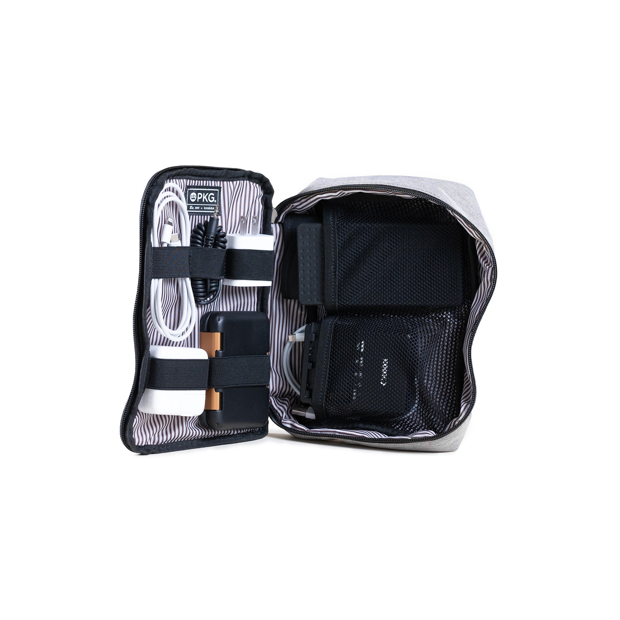 PKG Waterloo Recycled Accessory Cases (2-pack) (light grey) open, showing tech accessories/products organized into various compartments