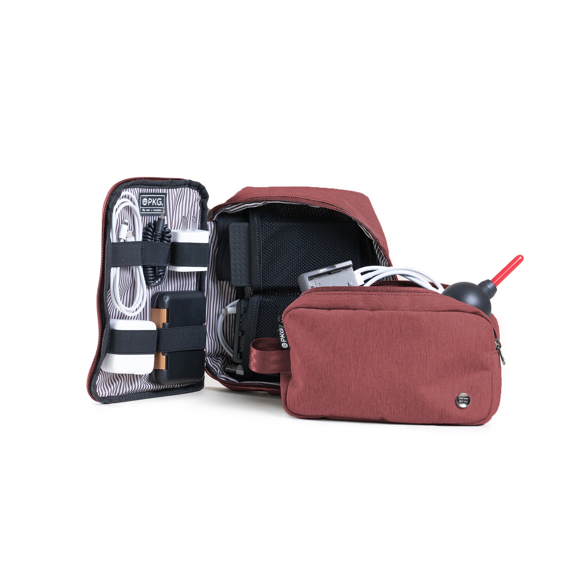 PKG Waterloo Recycled Accessory Cases (2-pack) (rum raisin) open, showing tech accessories/products organized into various compartments