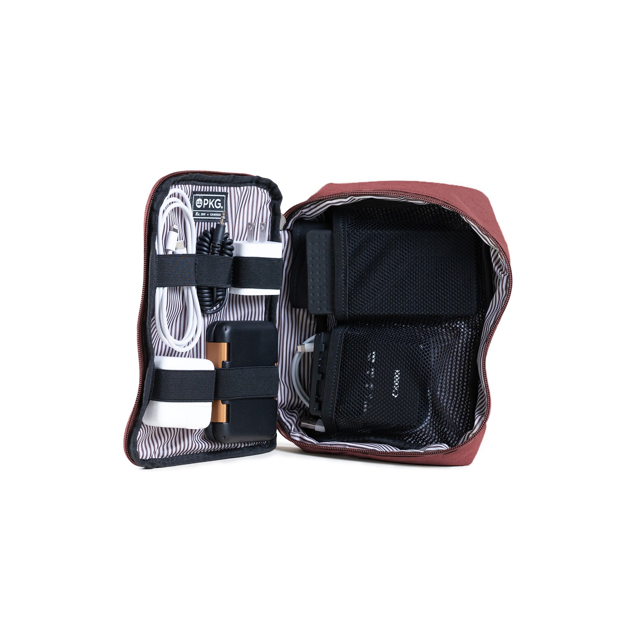 PKG Waterloo Recycled Accessory Cases (2-pack) (rum raisin) open, showing tech accessories/products organized into various compartments