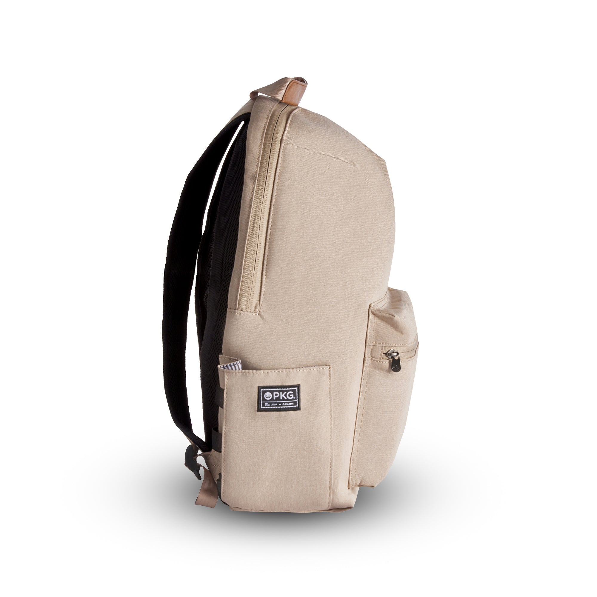 Granville recycled backpack (ginger root) side view showing water bottle pocket