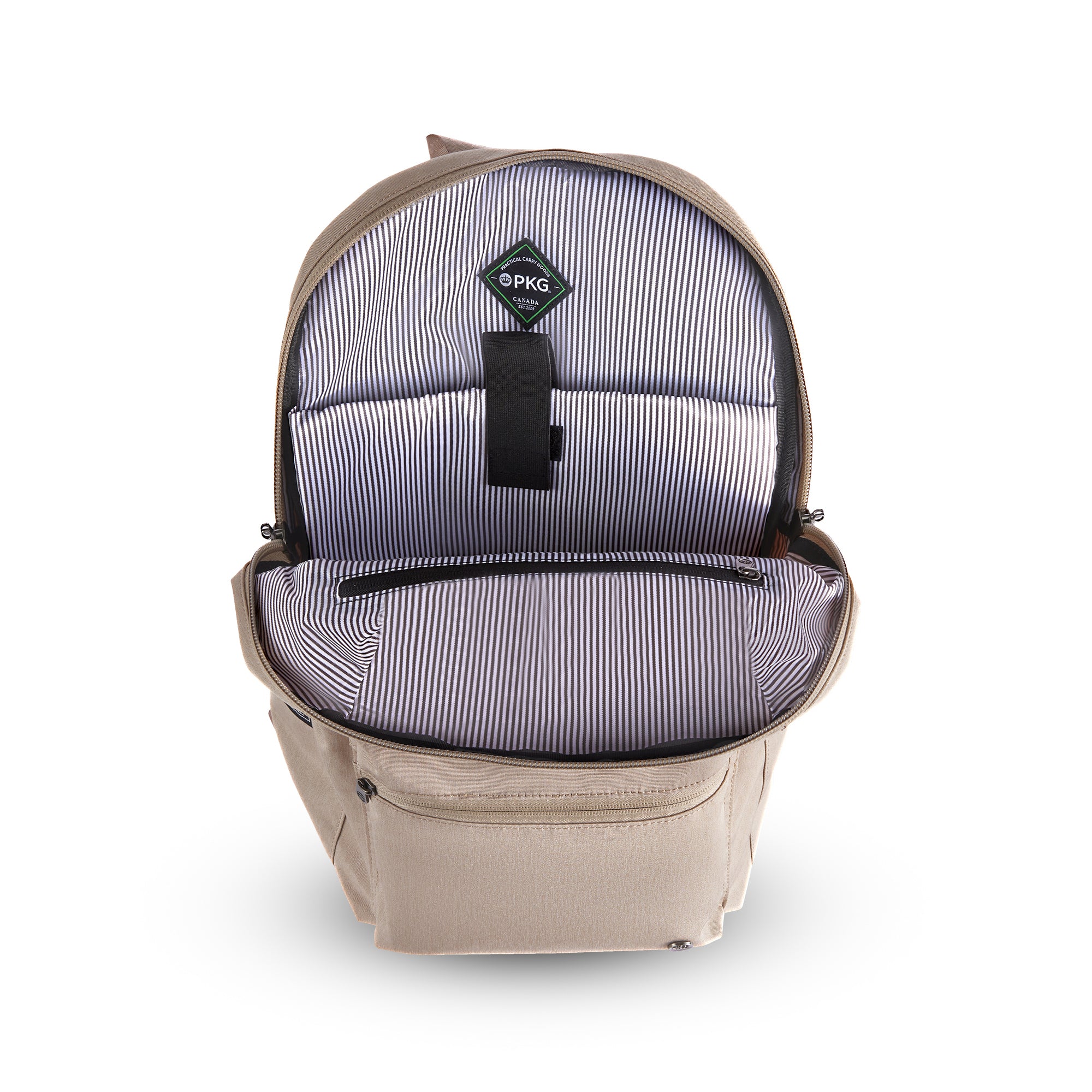 Granville recycled backpack (ginger root) open main compartment showing laptop pocket